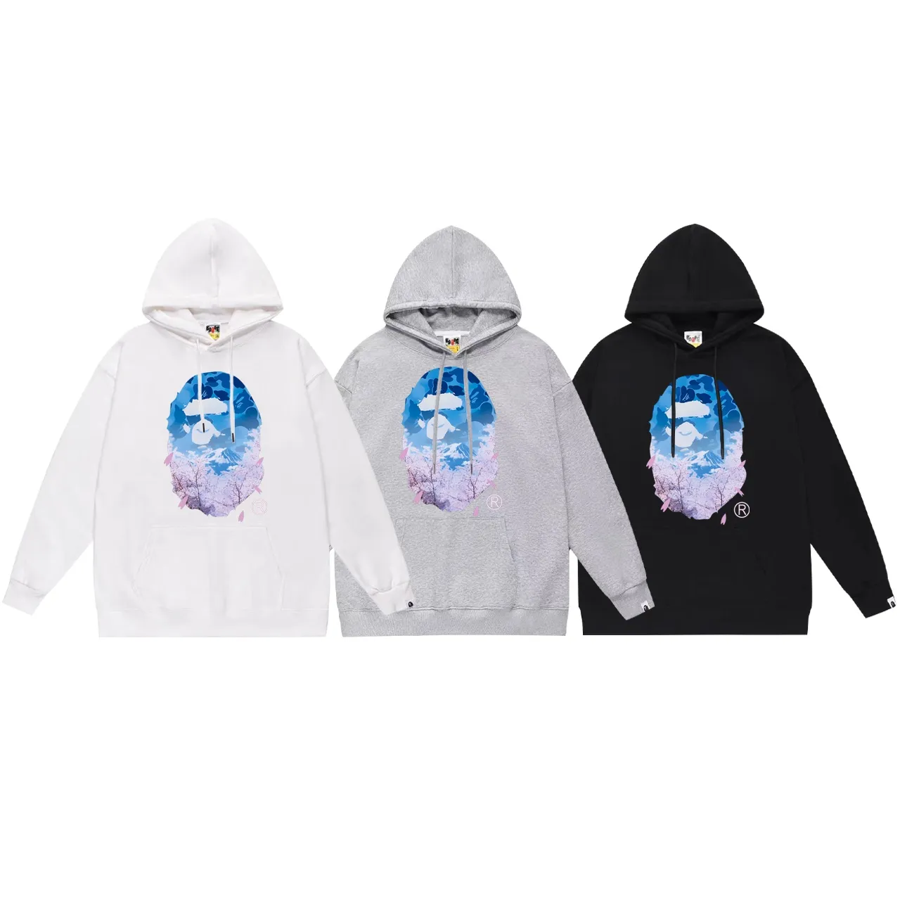Model No. SC699# Terry p160 plus velvet p180💰 (top version) BAPE camouflage ape head cherry blossom tree Mount Fuji printed hooded sweatshirt. Made of 380g large terry 430g silver fox velvet (off-shoulder large version) fabric. The texture is soft and non-pilling. Imported environmentally friendly printing glue. The pattern is bright and three-dimensional. Quality💥Same style for men and women. The upper body is trendy. Color: black white gray Size: S M L XL XXL