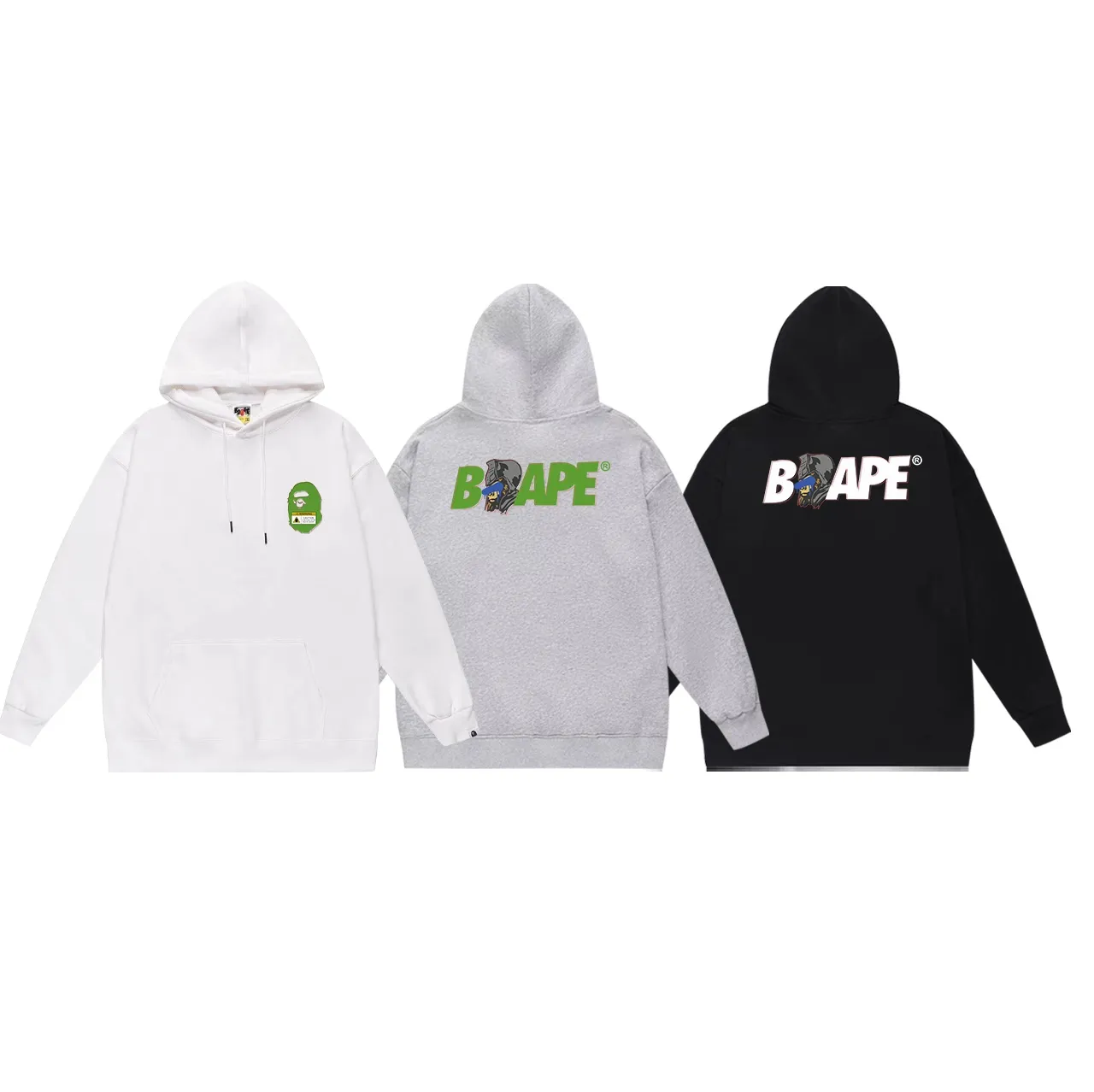 Model number SC631#terry p160 plus velvet p180💰 (top version) BAPE✖️GENERAL SPLAY camouflage ape head general double-sided printed hooded sweatshirt. Made of 380g large terry 430g silver fox velvet (drop shoulder large version) fabric. The texture is soft and non-pilling. Imported environmentally friendly printing glue. The pattern is bright and three-dimensional. Quality💥Same style for men and women. The upper body is trendy. Color: black white gray Size: S M L XL XXL