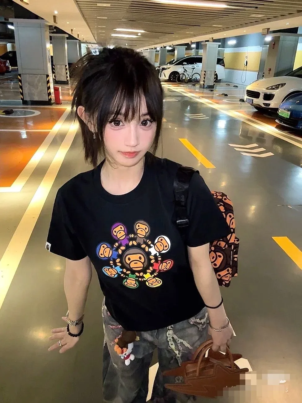 P110 001021 BAPE Milo circle printed short-sleeved T-shirt, same style for men and women, size smlxlxxl, black and white