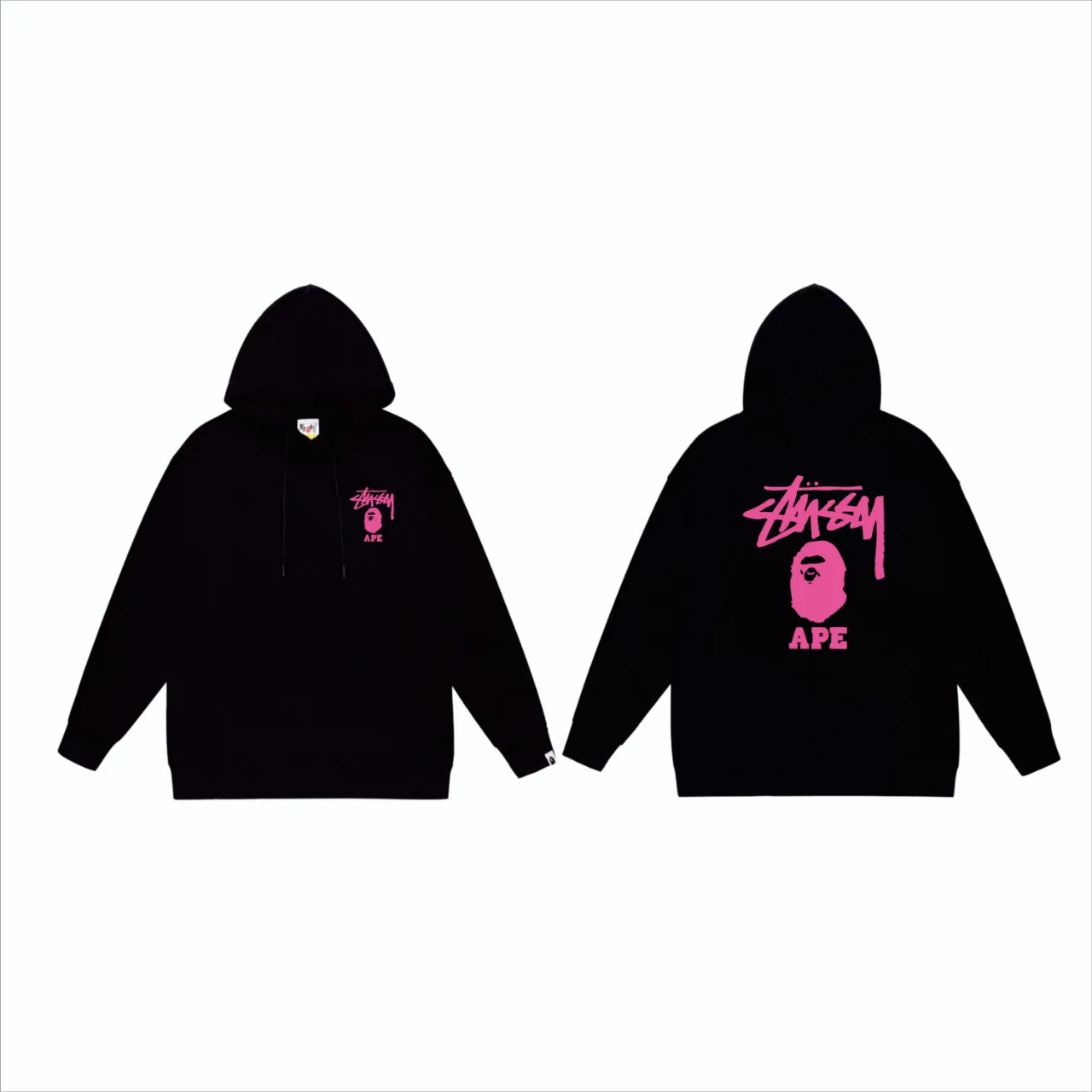 P160 model number SC802# terry 80 plus velvet 90 (top version) BAPE×STUSSY co-branded Stussy letter printed hooded sweatshirt Made of 380g large terry (drop shoulder large version) fabric, soft and non-pilling texture, imported environmentally friendly printing glue, bright and three-dimensional pattern, quality 💥Same style for men and women. The upper body is trendy. Color: black pink, white powder, gray powder, black and white, white and black, gray and black. Size: S M L XL XXL