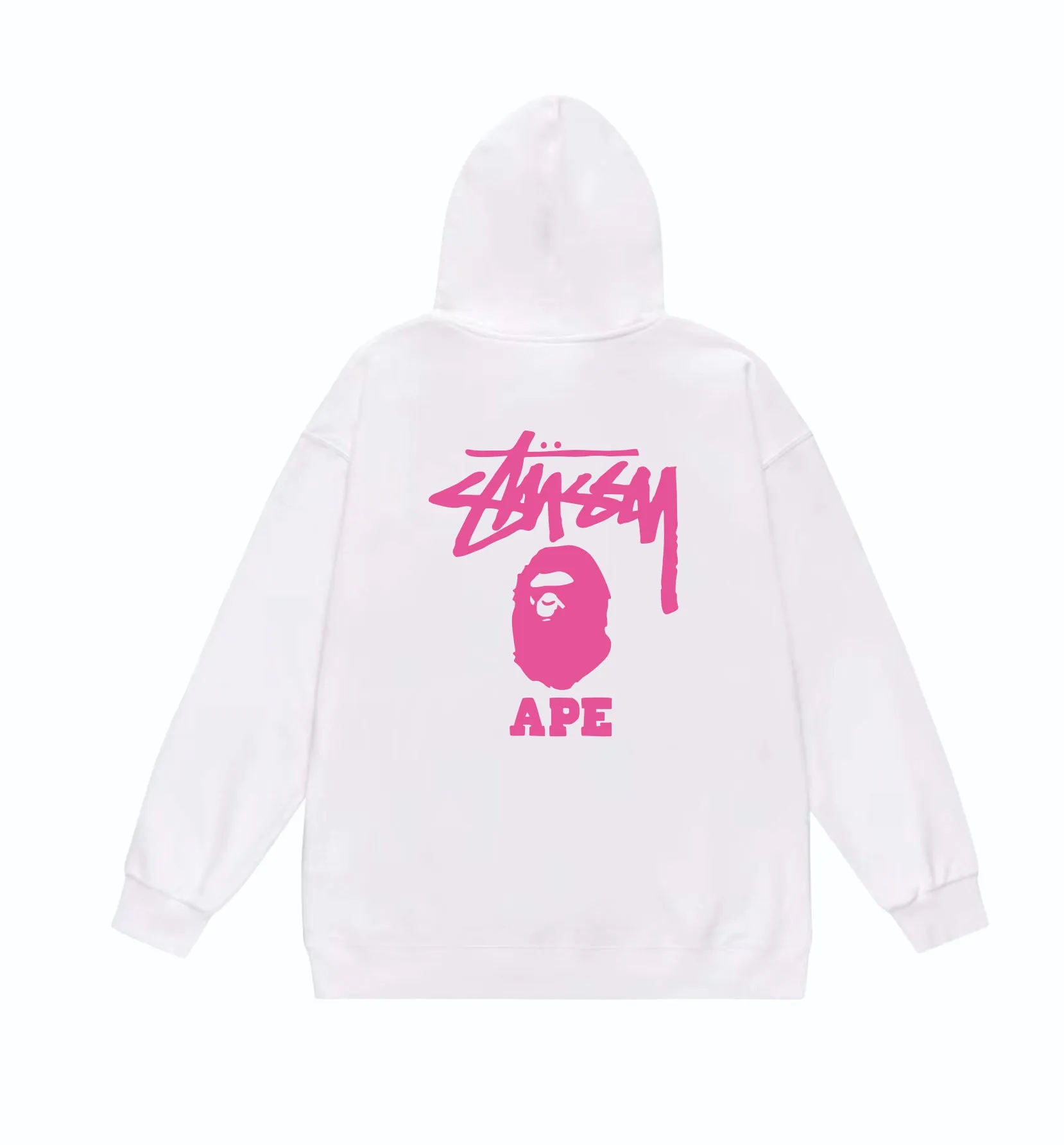 P160 model number SC802# terry 80 plus velvet 90 (top version) BAPE×STUSSY co-branded Stussy letter printed hooded sweatshirt Made of 380g large terry (drop shoulder large version) fabric, soft and non-pilling texture, imported environmentally friendly printing glue, bright and three-dimensional pattern, quality 💥Same style for men and women. The upper body is trendy. Color: black pink, white powder, gray powder, black and white, white and black, gray and black. Size: S M L XL XXL
