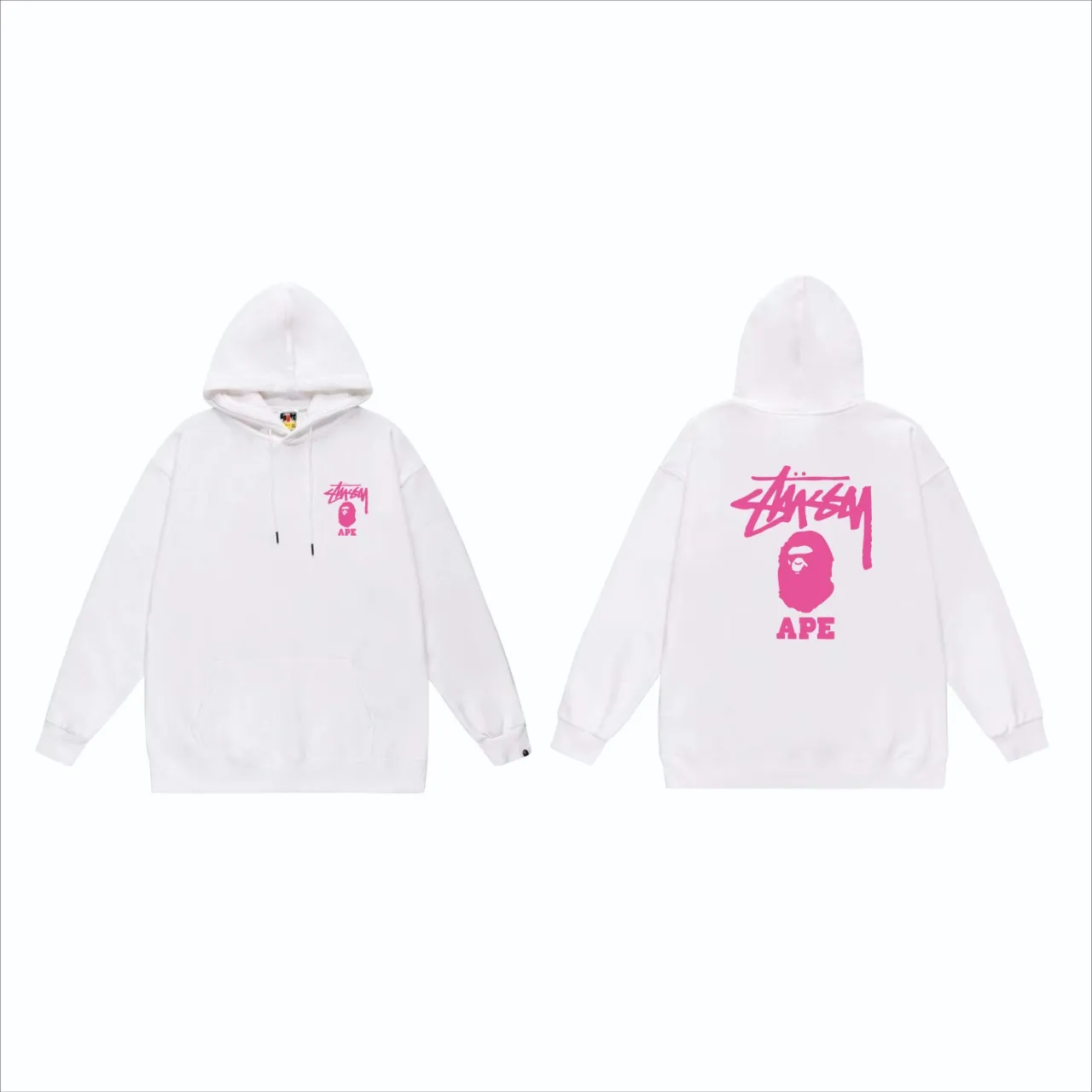 P160 model number SC802# terry 80 plus velvet 90 (top version) BAPE×STUSSY co-branded Stussy letter printed hooded sweatshirt Made of 380g large terry (drop shoulder large version) fabric, soft and non-pilling texture, imported environmentally friendly printing glue, bright and three-dimensional pattern, quality 💥Same style for men and women. The upper body is trendy. Color: black pink, white powder, gray powder, black and white, white and black, gray and black. Size: S M L XL XXL