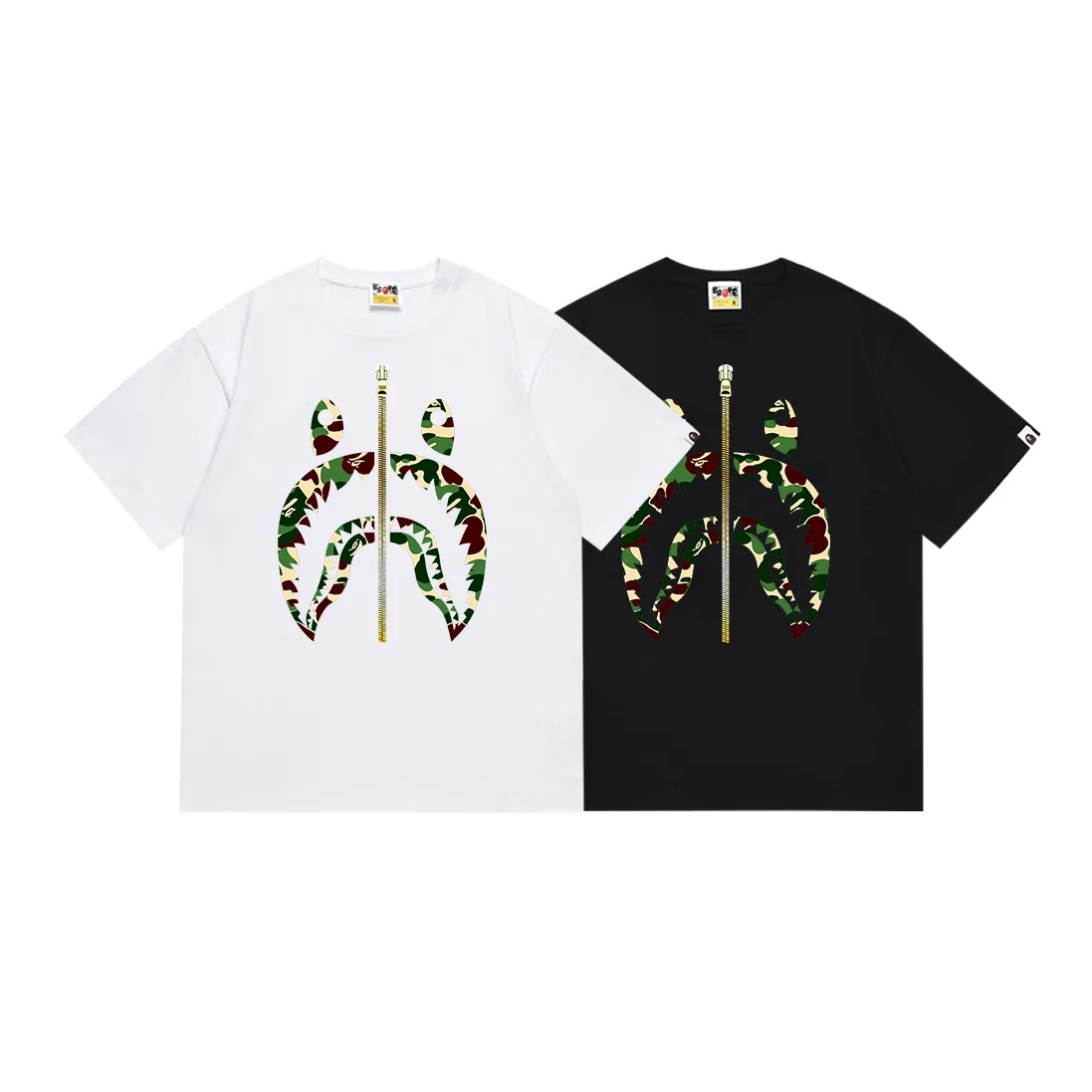 SC089#p110💰 (Top version) BAPE camouflage shark zipper print pattern solid color short-sleeved T-shirt Made of 260 grams of high-quality high-weave pure cotton fabric, double yarn combed, soft and non-pilling texture, imported environmentally friendly printing glue, bright and three-dimensional pattern, quality 💥Same style for men and women, the upper body is fashionable Color: black green white green black red white red black blue white blue Size: S M L XL XXL