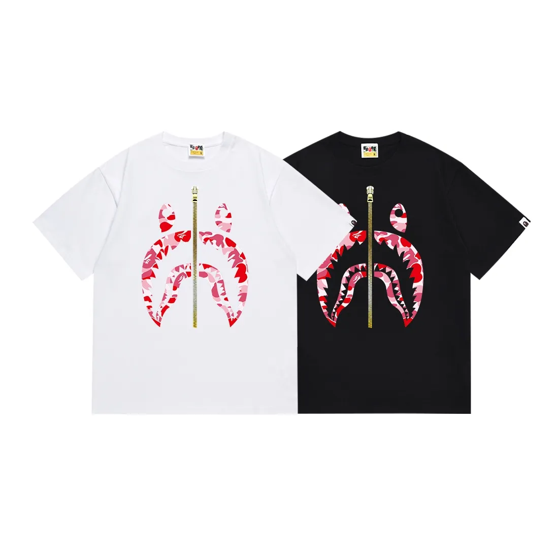 SC089#p110💰 (Top version) BAPE camouflage shark zipper print pattern solid color short-sleeved T-shirt Made of 260 grams of high-quality high-weave pure cotton fabric, double yarn combed, soft and non-pilling texture, imported environmentally friendly printing glue, bright and three-dimensional pattern, quality 💥Same style for men and women, the upper body is fashionable Color: black green white green black red white red black blue white blue Size: S M L XL XXL