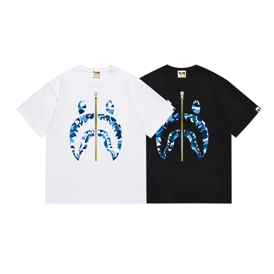 SC089#p110💰 (Top version) BAPE camouflage shark zipper print pattern solid color short-sleeved T-shirt Made of 260 grams of high-quality high-weave pure cotton fabric, double yarn combed, soft and non-pilling texture, imported environmentally friendly printing glue, bright and three-dimensional pattern, quality 💥Same style for men and women, the upper body is fashionable Color: black green white green black red white red black blue white blue Size: S M L XL XXL