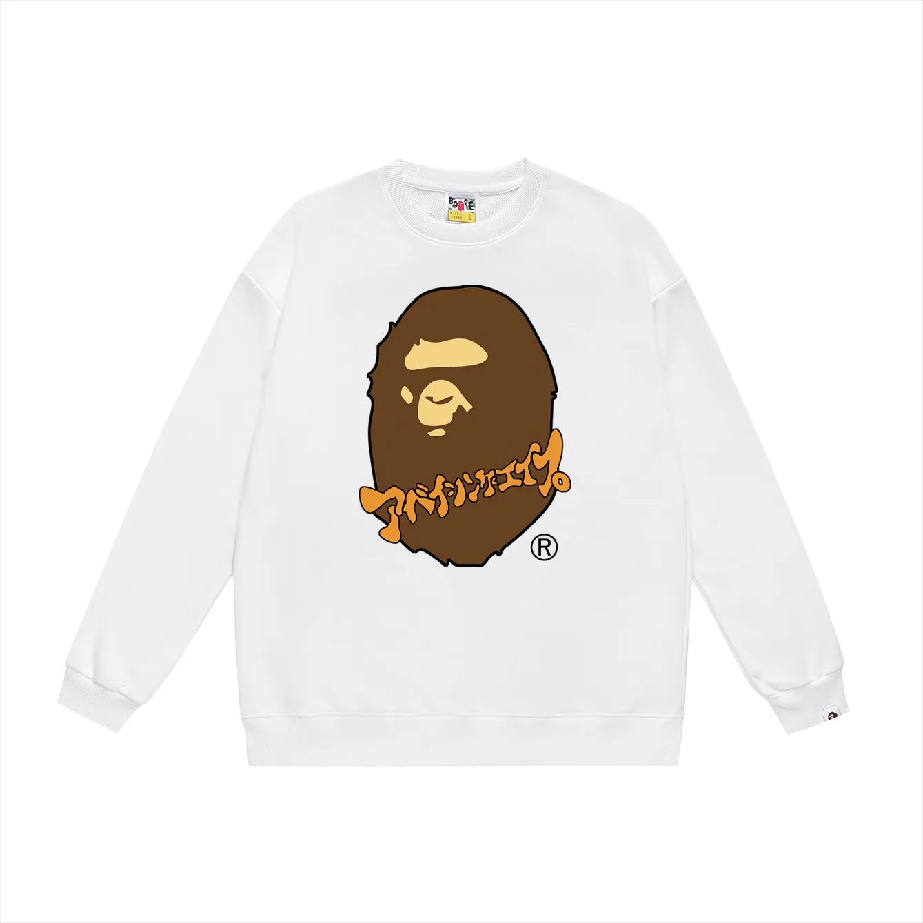 P150 model number SC488# terry 75 plus velvet 80 (top version) BAPE ape head Japanese katakana printed letter round neck sweatshirt Made of 350g large terry (drop shoulder large version) fabric, soft texture and no pilling Imported environmentally friendly printing glue The pattern is bright and three-dimensional Quality 💥Same style for men and women The upper body is trendy Color: black white gray Size: S M L XL XXL