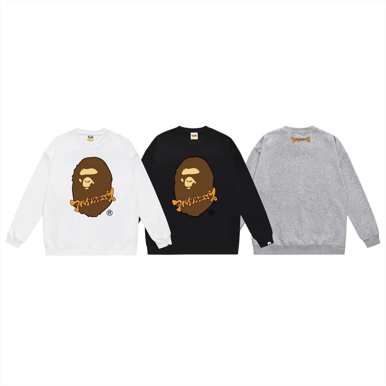 P150 model number SC488# terry 75 plus velvet 80 (top version) BAPE ape head Japanese katakana printed letter round neck sweatshirt Made of 350g large terry (drop shoulder large version) fabric, soft texture and no pilling Imported environmentally friendly printing glue The pattern is bright and three-dimensional Quality 💥Same style for men and women The upper body is trendy Color: black white gray Size: S M L XL XXL