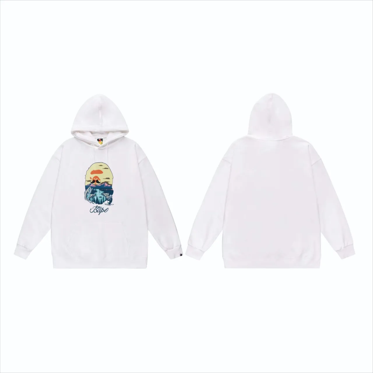 P160 model number SC826# terry 80 plus velvet 90 (top version) BAPE letter animal landscape print pattern hooded sweatshirt. Made of 380g large terry (drop shoulder large version) fabric. The texture is soft and non-pilling. Imported environmentally friendly printing glue. The pattern is bright and three-dimensional. Quality 💥Same style for men and women. The upper body is trendy. Color: Black White Gray Size: S M L XL XXL