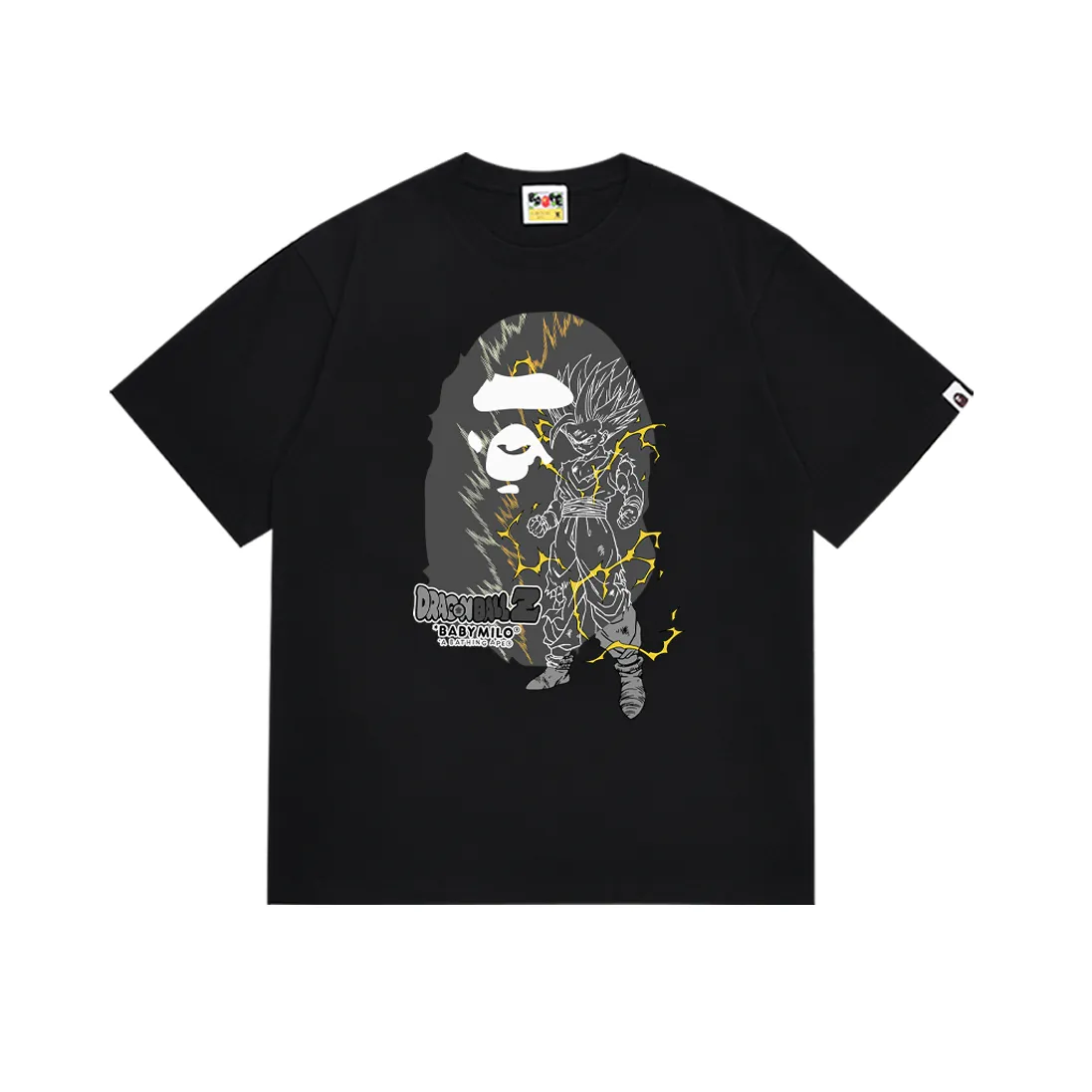 P110 SC026# (top version) BAPE✖️Dragon Ball Son Gohan ape head lightning joint printed short-sleeved T-shirt Made of 260 grams of high-quality high-weave pure cotton fabric, double yarn combed, soft texture and no pilling Imported environmentally friendly printing glue The pattern is bright and three-dimensional Quality 💥Same style for men and women The upper body is trendy Color: Black White Size: S M L XL XXL