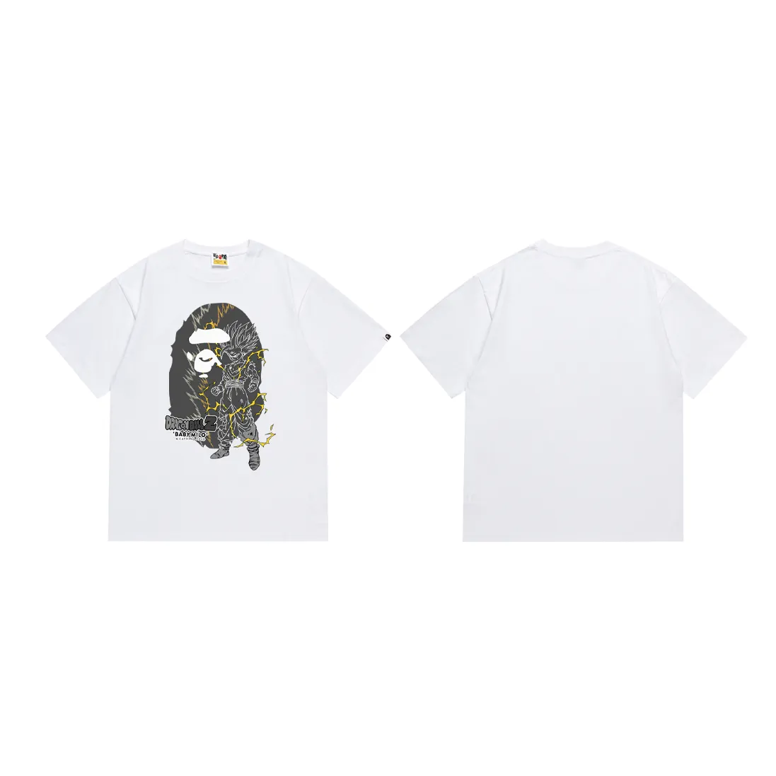 P110 SC026# (top version) BAPE✖️Dragon Ball Son Gohan ape head lightning joint printed short-sleeved T-shirt Made of 260 grams of high-quality high-weave pure cotton fabric, double yarn combed, soft texture and no pilling Imported environmentally friendly printing glue The pattern is bright and three-dimensional Quality 💥Same style for men and women The upper body is trendy Color: Black White Size: S M L XL XXL