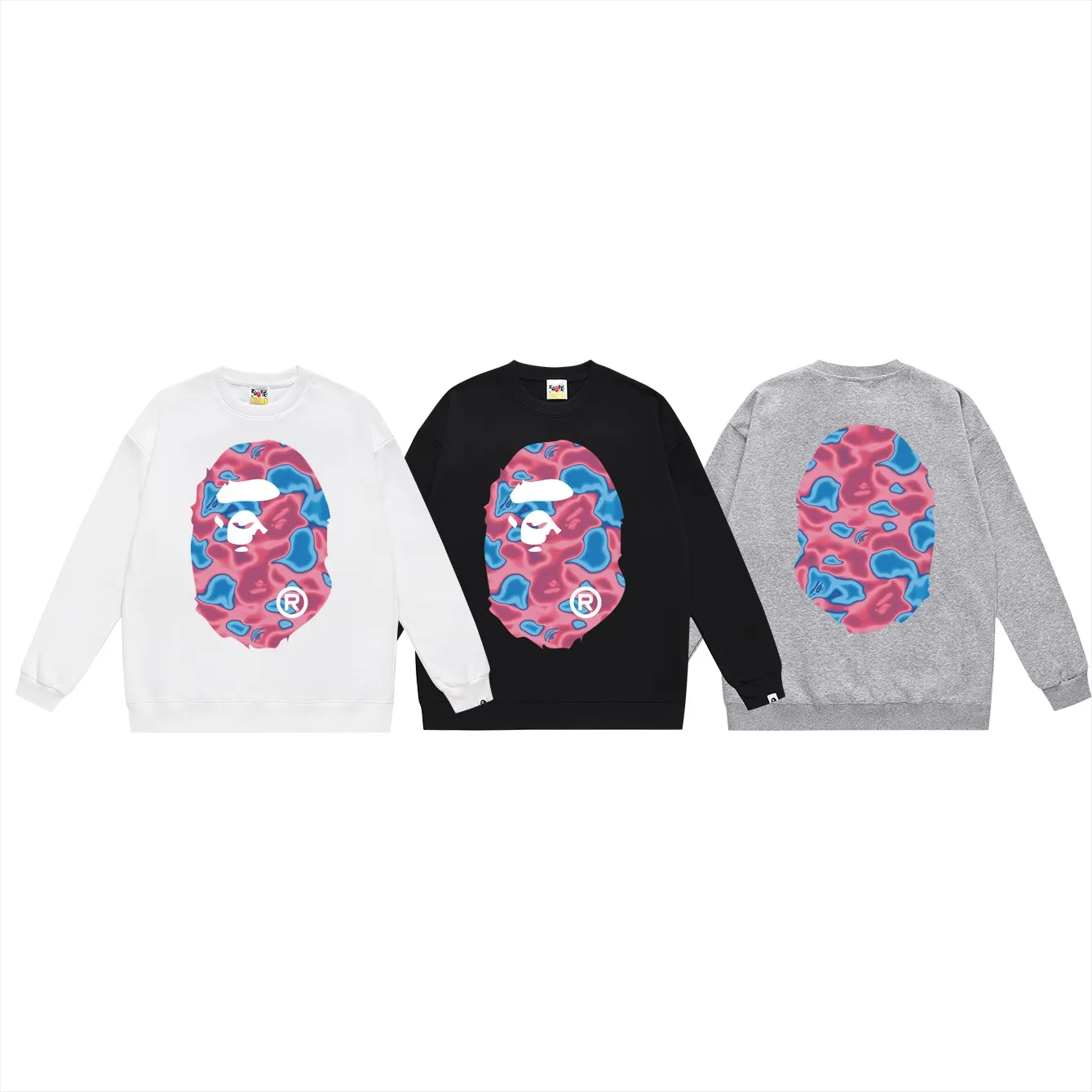 P150 model number SC474# terry 75 plus velvet 80 (top version) BAPE LIQUID CAMO BIG APE big ape head round neck sweatshirt Made of 350 grams of large terry (drop shoulder large version) fabric, soft texture and no pilling Imported environmentally friendly printing glue The pattern is bright and three-dimensional Quality 💥Same style for men and women The upper body is trendy Color: black and red white and red gray red Size: S M L XL XXL