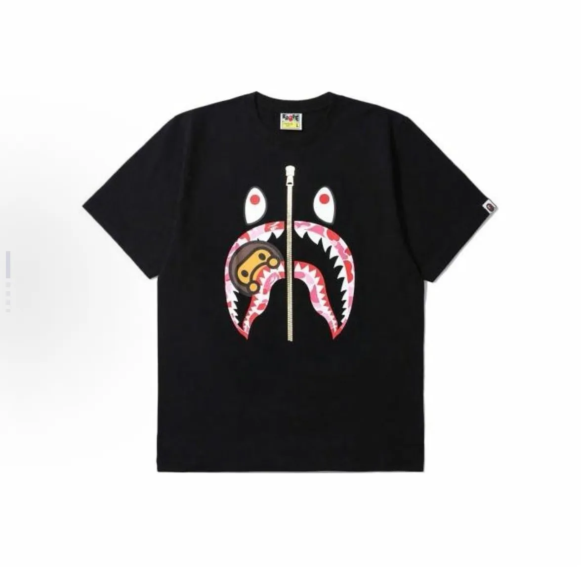 P110 001136 A BATHING APE Bape Bape, shark series Milo shark print round neck pullover short-sleeved T-shirt, same style for men and women, size smlxlxxl, black pink, white pink, black green, white green, black blue, white blue