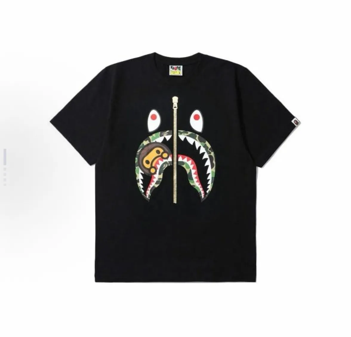 P110 001136 A BATHING APE Bape Bape, shark series Milo shark print round neck pullover short-sleeved T-shirt, same style for men and women, size smlxlxxl, black pink, white pink, black green, white green, black blue, white blue
