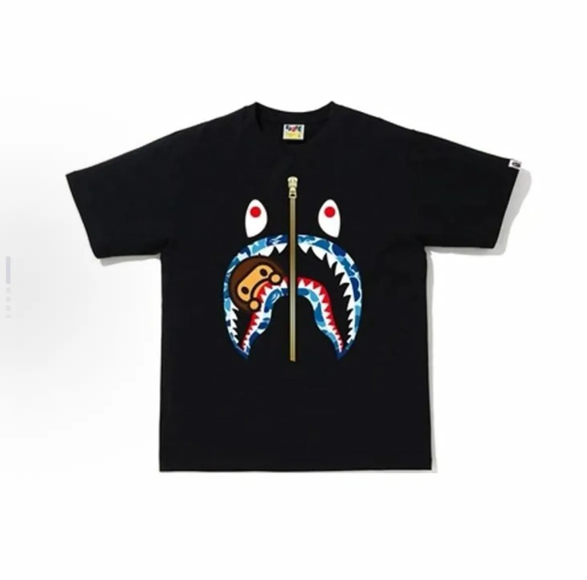 P110 001136 A BATHING APE Bape Bape, shark series Milo shark print round neck pullover short-sleeved T-shirt, same style for men and women, size smlxlxxl, black pink, white pink, black green, white green, black blue, white blue