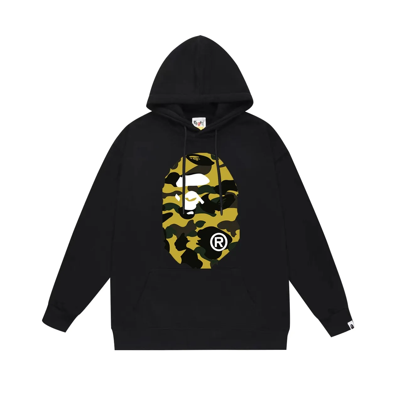 Model number SC660#terry p160 plus velvet p180💰 (top version) BAPE double-sided camouflage ape head print hooded sweatshirt. Made of 380g large terry 430g silver fox velvet (drop shoulder large version) fabric. The texture is soft and non-pilling. Imported environmentally friendly printing glue. The pattern is bright and three-dimensional. Quality💥Same style for men and women. The upper body is trendy. Color: black and yellow, white and yellow, gray and yellow. Size: S M L XL XXL