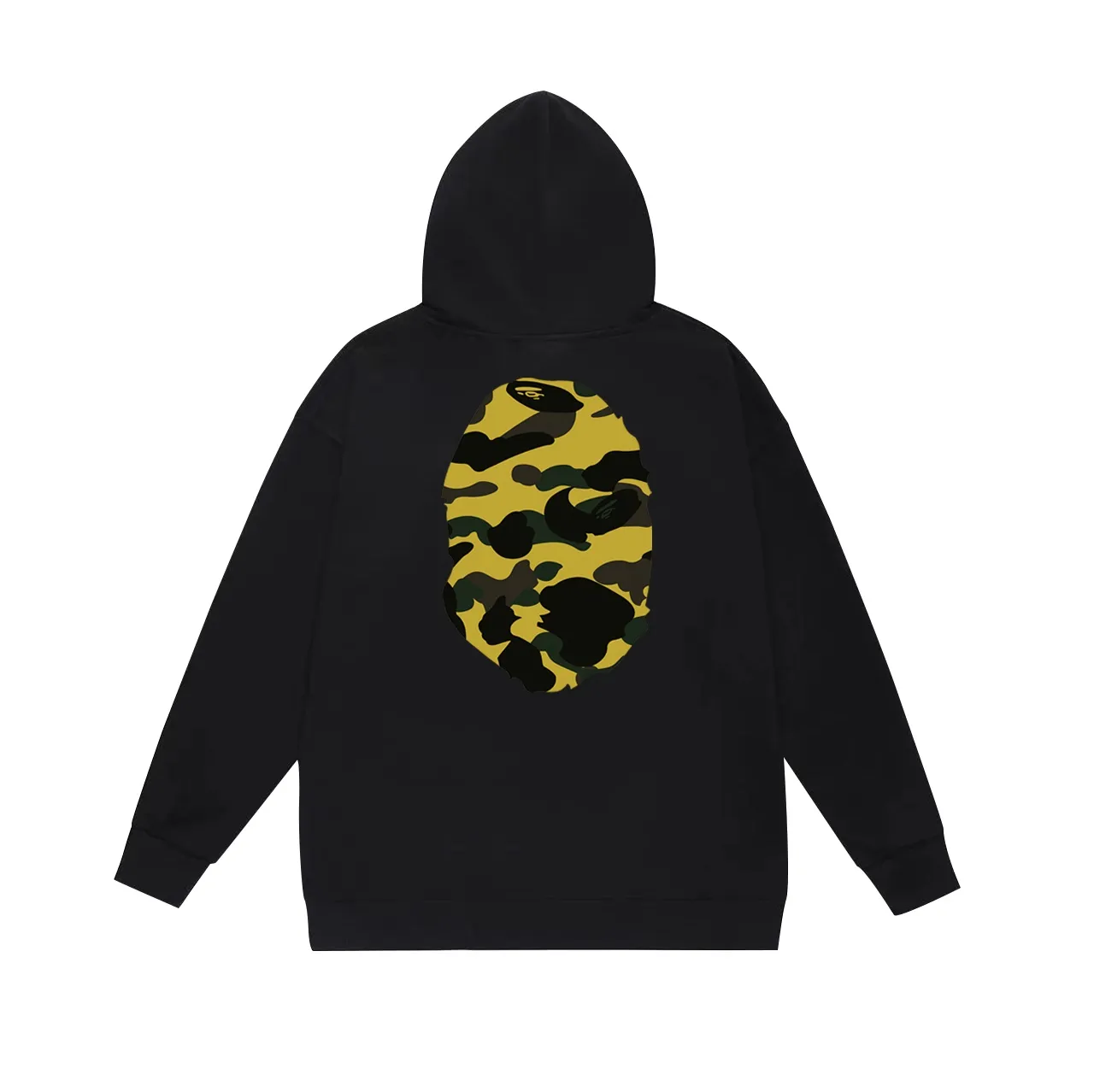 Model number SC660#terry p160 plus velvet p180💰 (top version) BAPE double-sided camouflage ape head print hooded sweatshirt. Made of 380g large terry 430g silver fox velvet (drop shoulder large version) fabric. The texture is soft and non-pilling. Imported environmentally friendly printing glue. The pattern is bright and three-dimensional. Quality💥Same style for men and women. The upper body is trendy. Color: black and yellow, white and yellow, gray and yellow. Size: S M L XL XXL