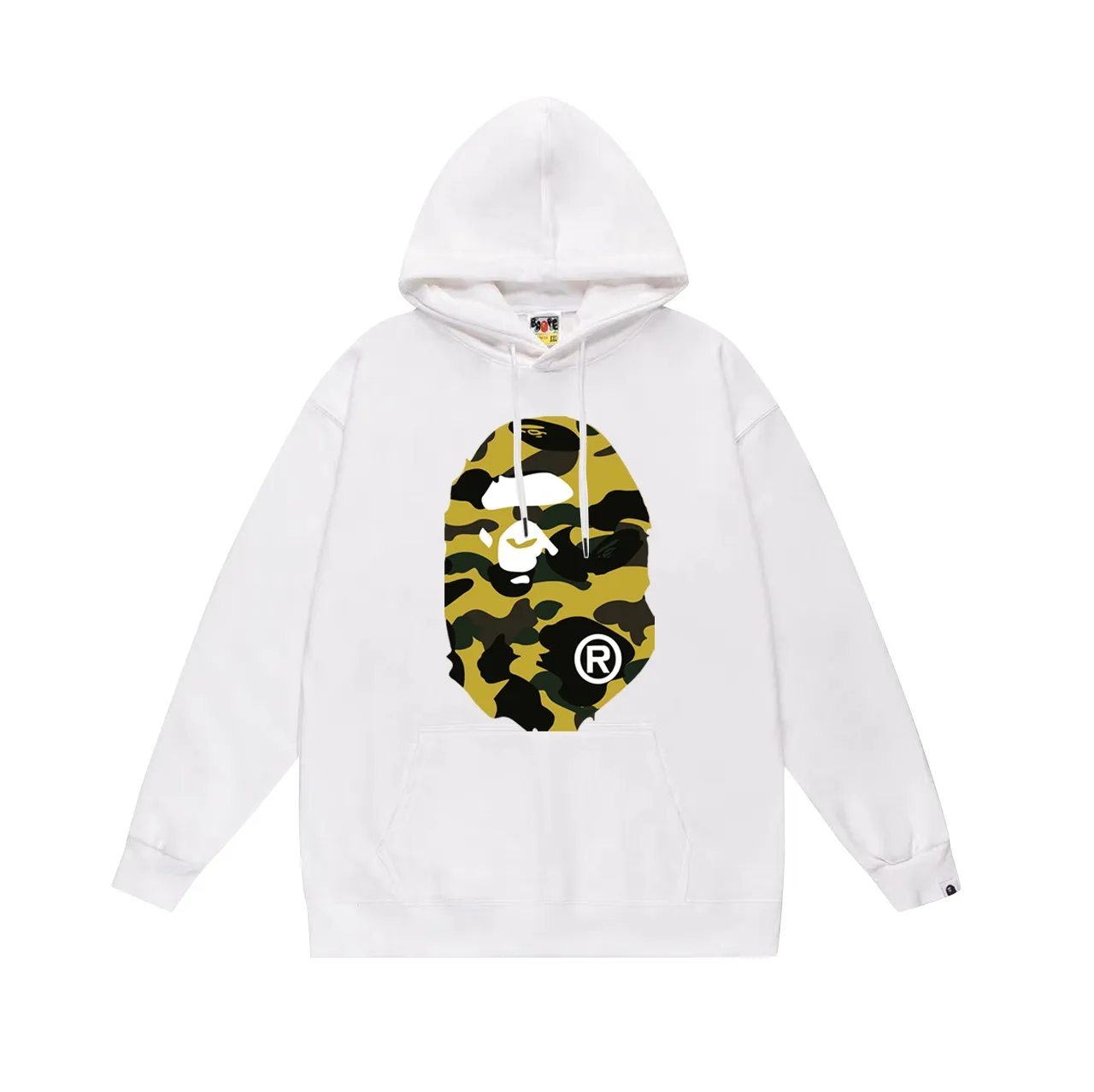 Model number SC660#terry p160 plus velvet p180💰 (top version) BAPE double-sided camouflage ape head print hooded sweatshirt. Made of 380g large terry 430g silver fox velvet (drop shoulder large version) fabric. The texture is soft and non-pilling. Imported environmentally friendly printing glue. The pattern is bright and three-dimensional. Quality💥Same style for men and women. The upper body is trendy. Color: black and yellow, white and yellow, gray and yellow. Size: S M L XL XXL