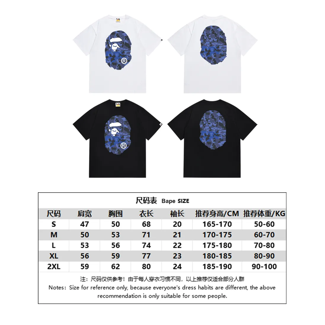 P110 SC028# (top version) BAPE letters desert camouflage ape head double-sided printed short-sleeved T-shirt. Made of 260 grams of high-quality high-weave pure cotton fabric. Double yarn combed. The texture is soft and non-pilling. Imported environmentally friendly printing glue. The pattern is bright and three-dimensional. Quality 💥Same style for men and women. The upper body is trendy. Color: black and white. Size: S M L XL XXL