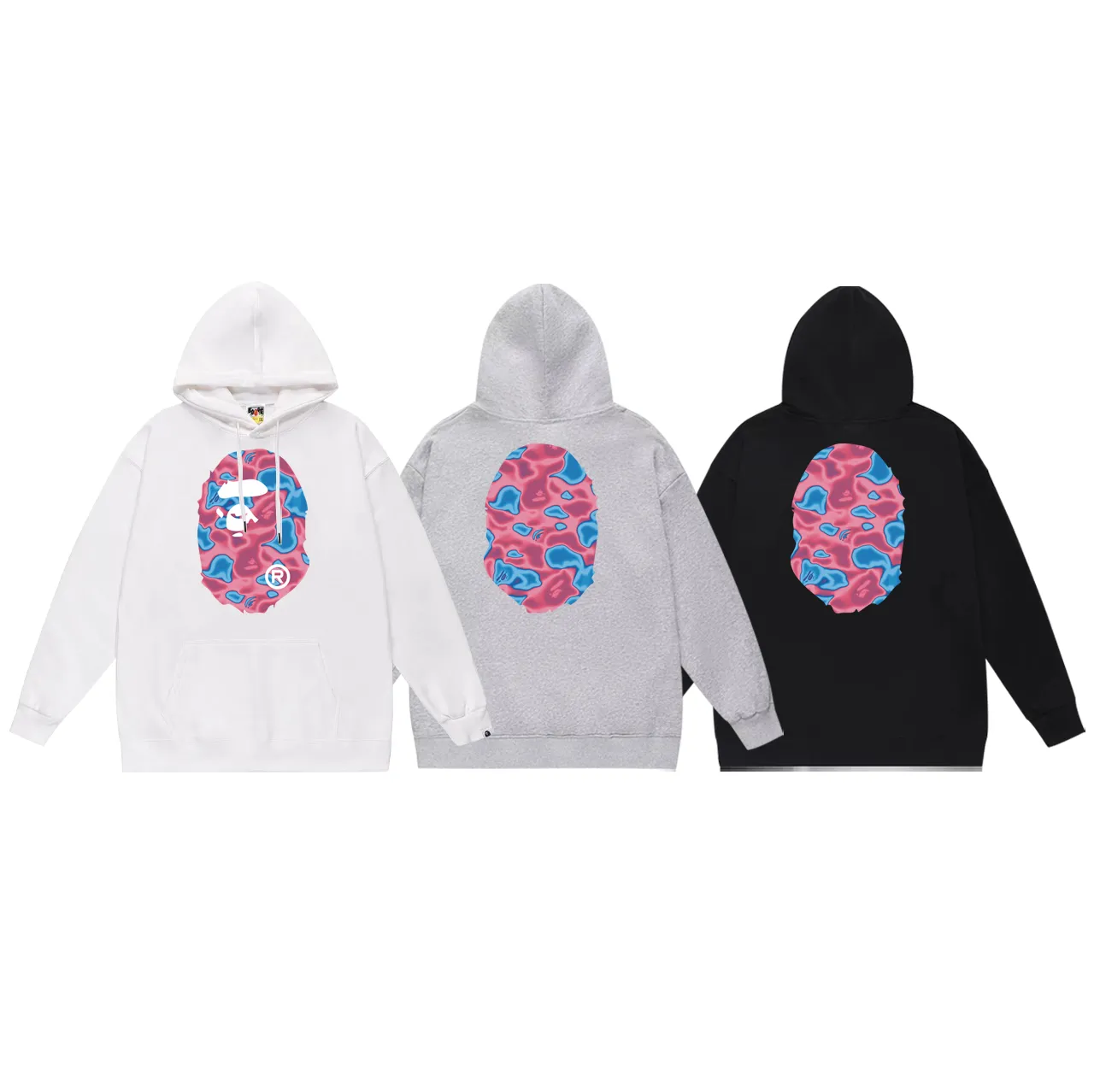 P160 model number SC774# terry 80 plus velvet 90 (top version) BAPE LIQUID CAMO BIG APE hooded sweatshirt Made of 380g large terry (drop shoulder large version) fabric, soft and non-pilling, imported environmentally friendly printing glue, bright and three-dimensional pattern, quality 💥Same style for men and women. The upper body is trendy. Color: black and red, white and red, gray and red, size: S M L XL XXL