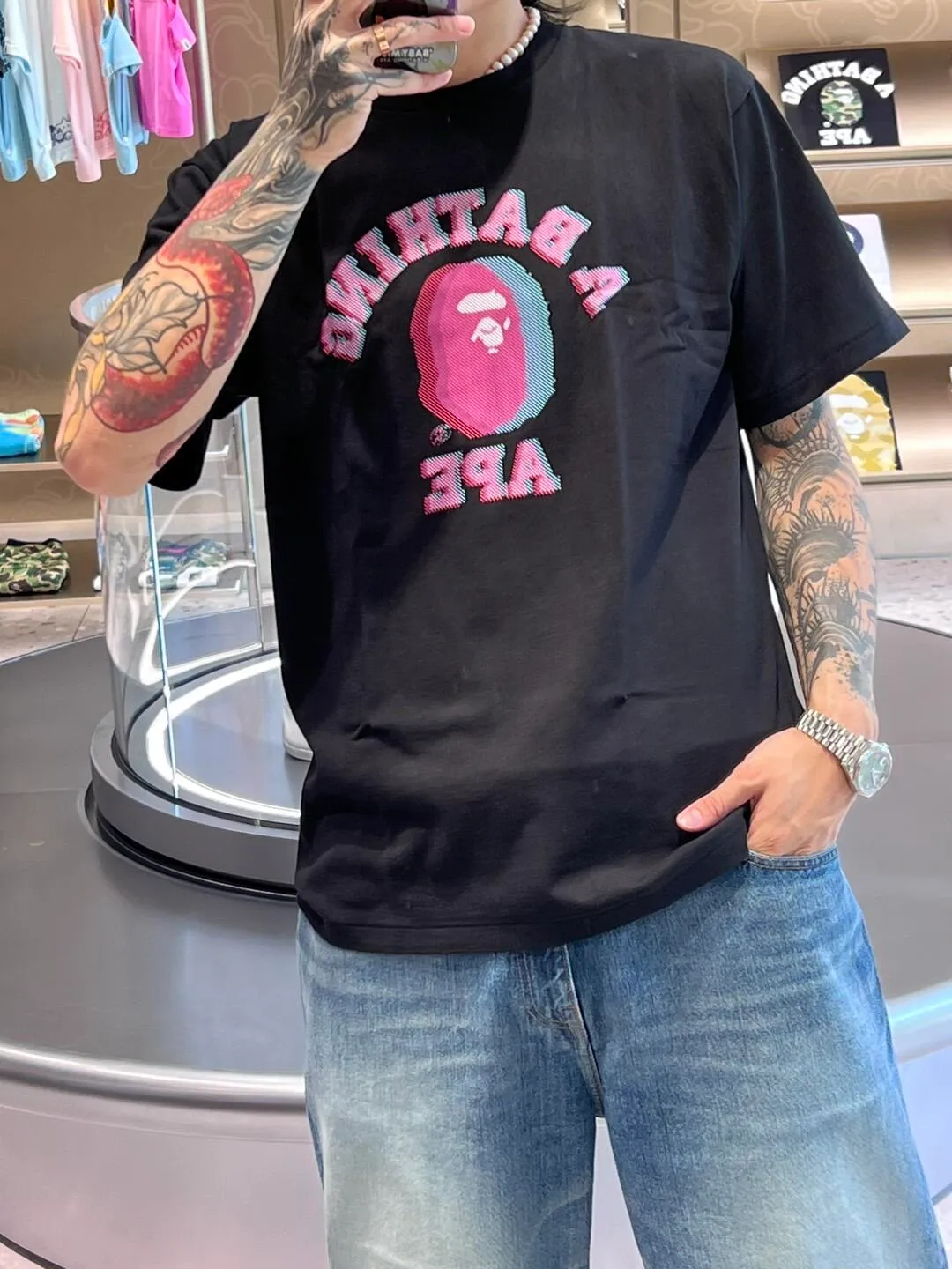 💰140 BAPE GLITCH ART COLLEGE TEE Faulty Symphony Art laminated ape head print 280g weight linen cotton fabric ZP version Couple style: S—XXL [Black White]