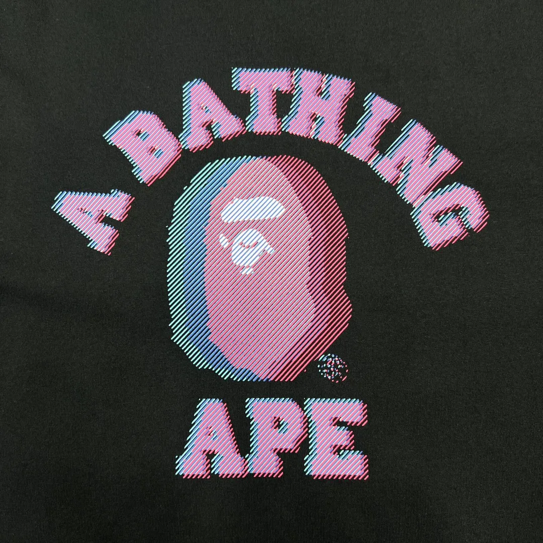 💰140 BAPE GLITCH ART COLLEGE TEE Faulty Symphony Art laminated ape head print 280g weight linen cotton fabric ZP version Couple style: S—XXL [Black White]