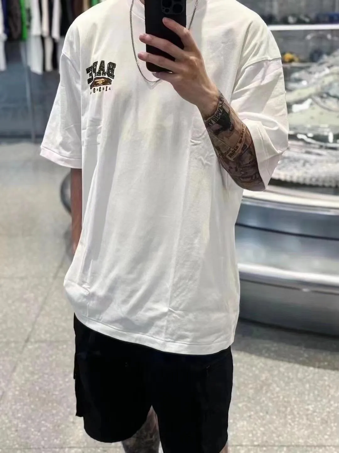 💰140 BAPE Return to College Series Hand-painted pattern short-sleeved T-shirt 280g weight linen cotton fabric ZP version Couple style: S-XXL [Black White]