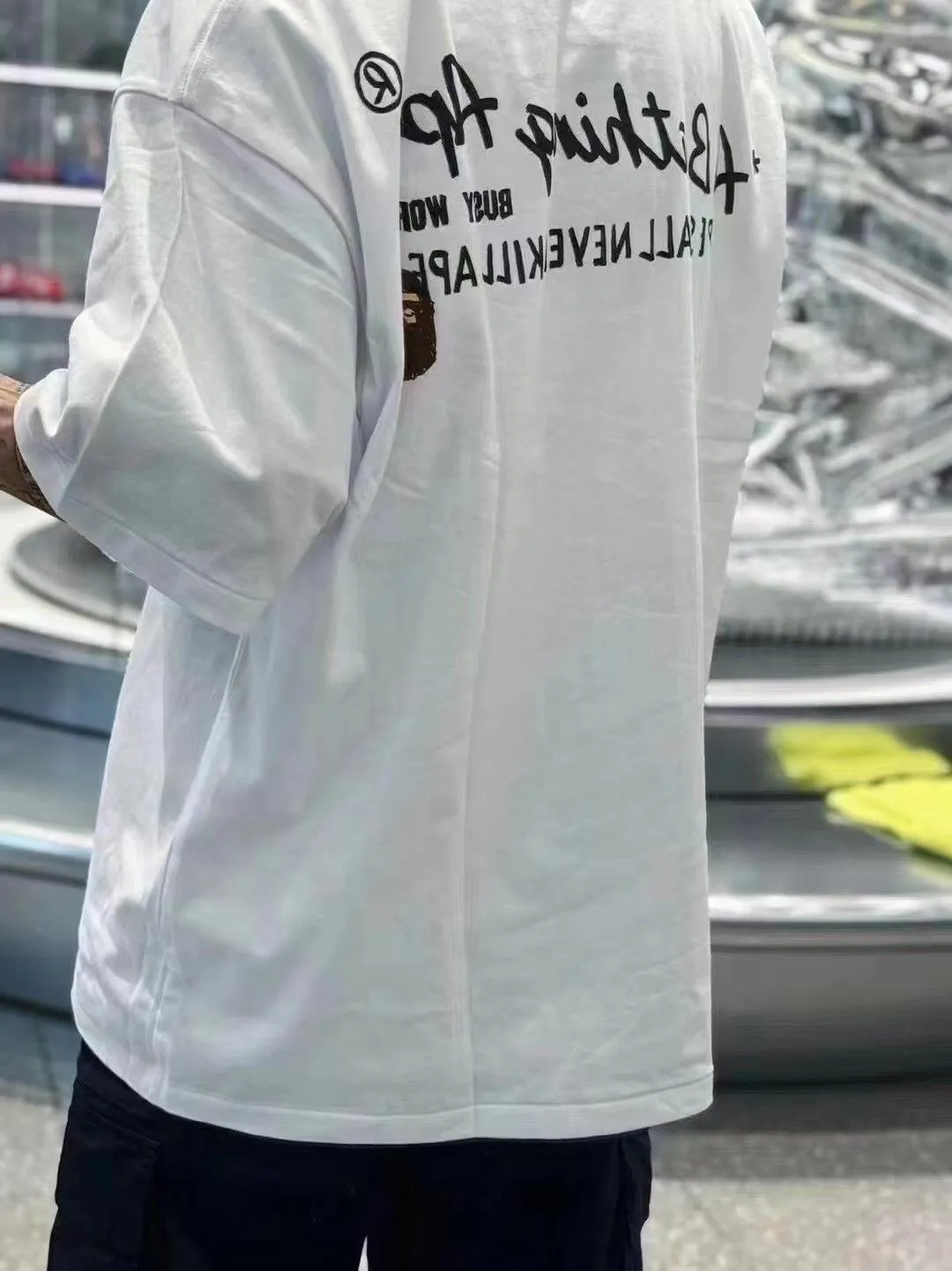 💰140 BAPE Return to College Series Hand-painted pattern short-sleeved T-shirt 280g weight linen cotton fabric ZP version Couple style: S-XXL [Black White]