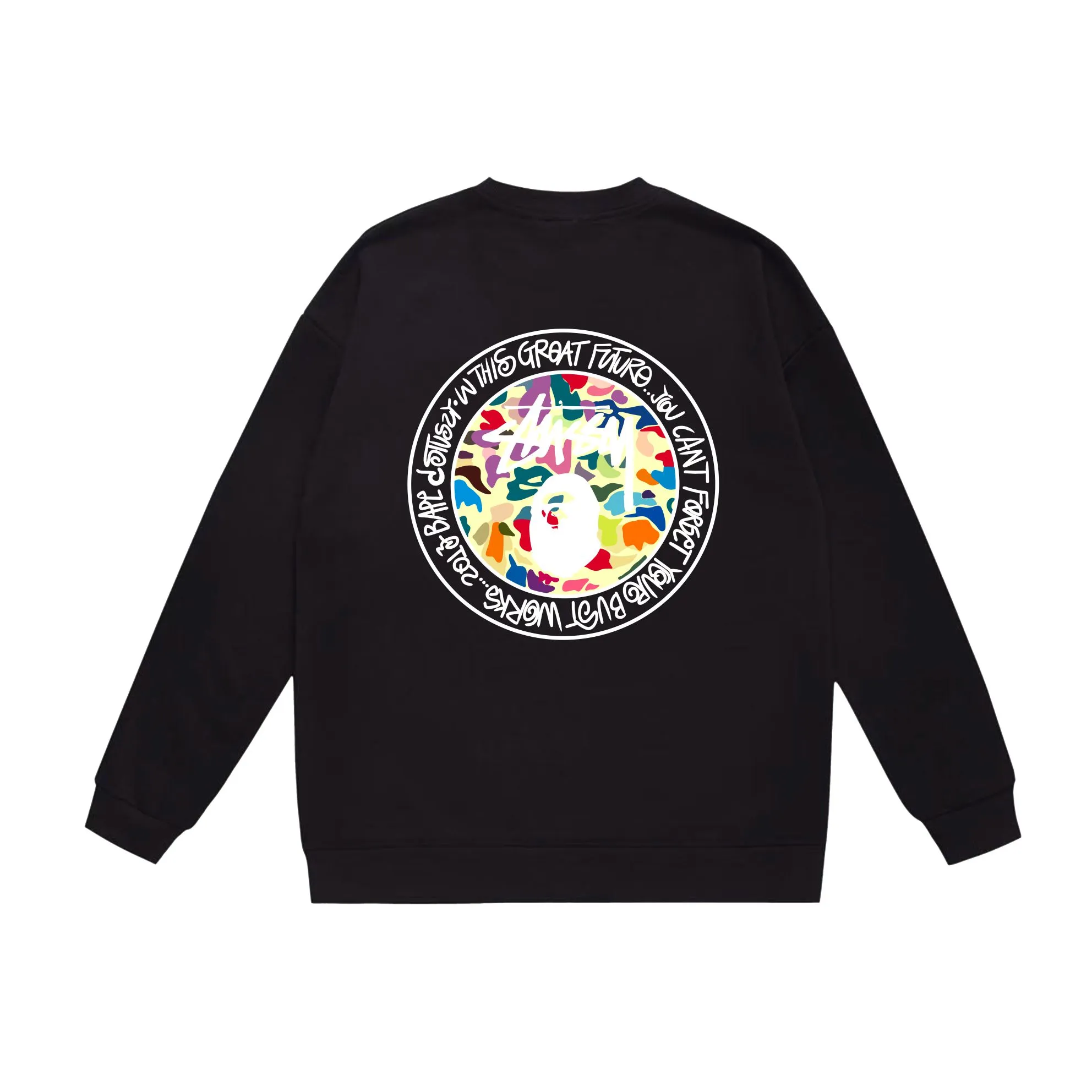 P150 model number SC517# terry 75 plus velvet 80 (top version) BAPE×STUSSY co-branded Stussy letter round neck sweatshirt Made of 350 grams of large terry (drop shoulder large version) fabric, soft texture and no pilling Imported environmentally friendly printing glue The pattern is bright and three-dimensional Quality 💥Same style for men and women The upper body is fashionable Color: black white gray Size: S M L XL XXL