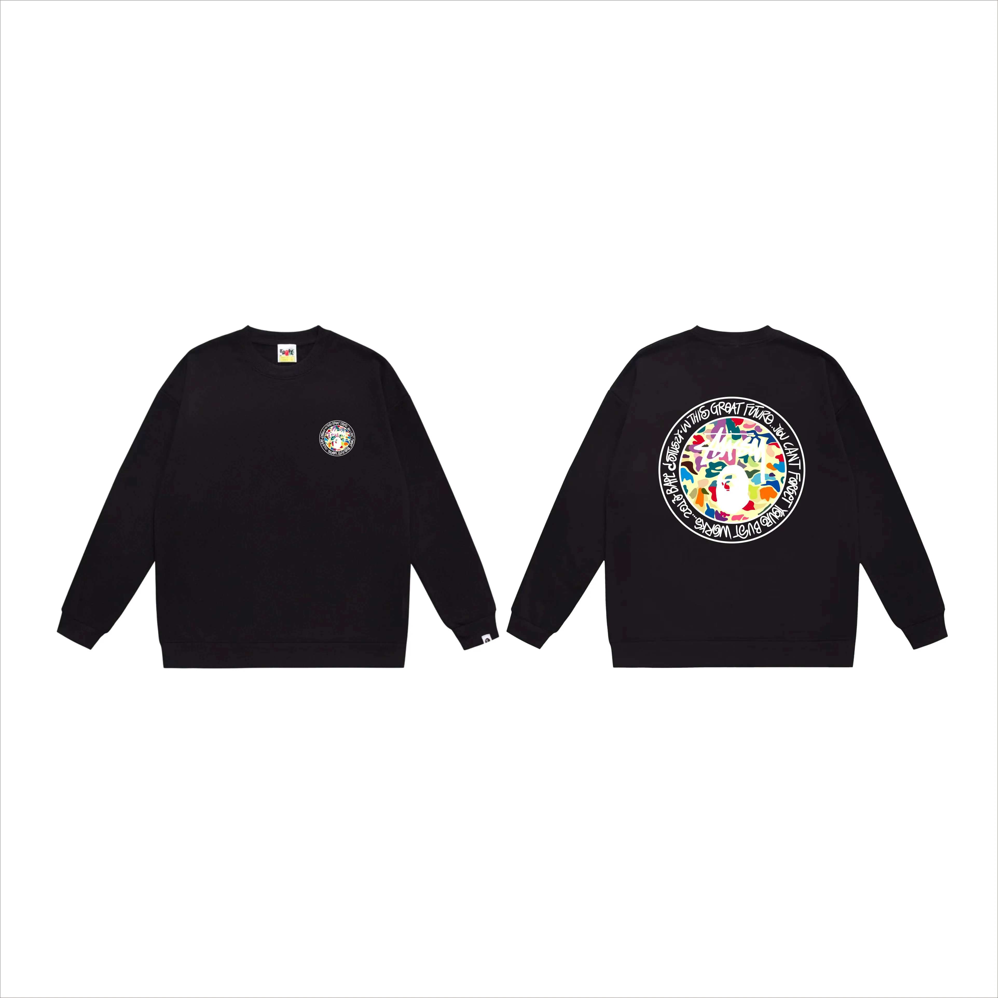 P150 model number SC517# terry 75 plus velvet 80 (top version) BAPE×STUSSY co-branded Stussy letter round neck sweatshirt Made of 350 grams of large terry (drop shoulder large version) fabric, soft texture and no pilling Imported environmentally friendly printing glue The pattern is bright and three-dimensional Quality 💥Same style for men and women The upper body is fashionable Color: black white gray Size: S M L XL XXL