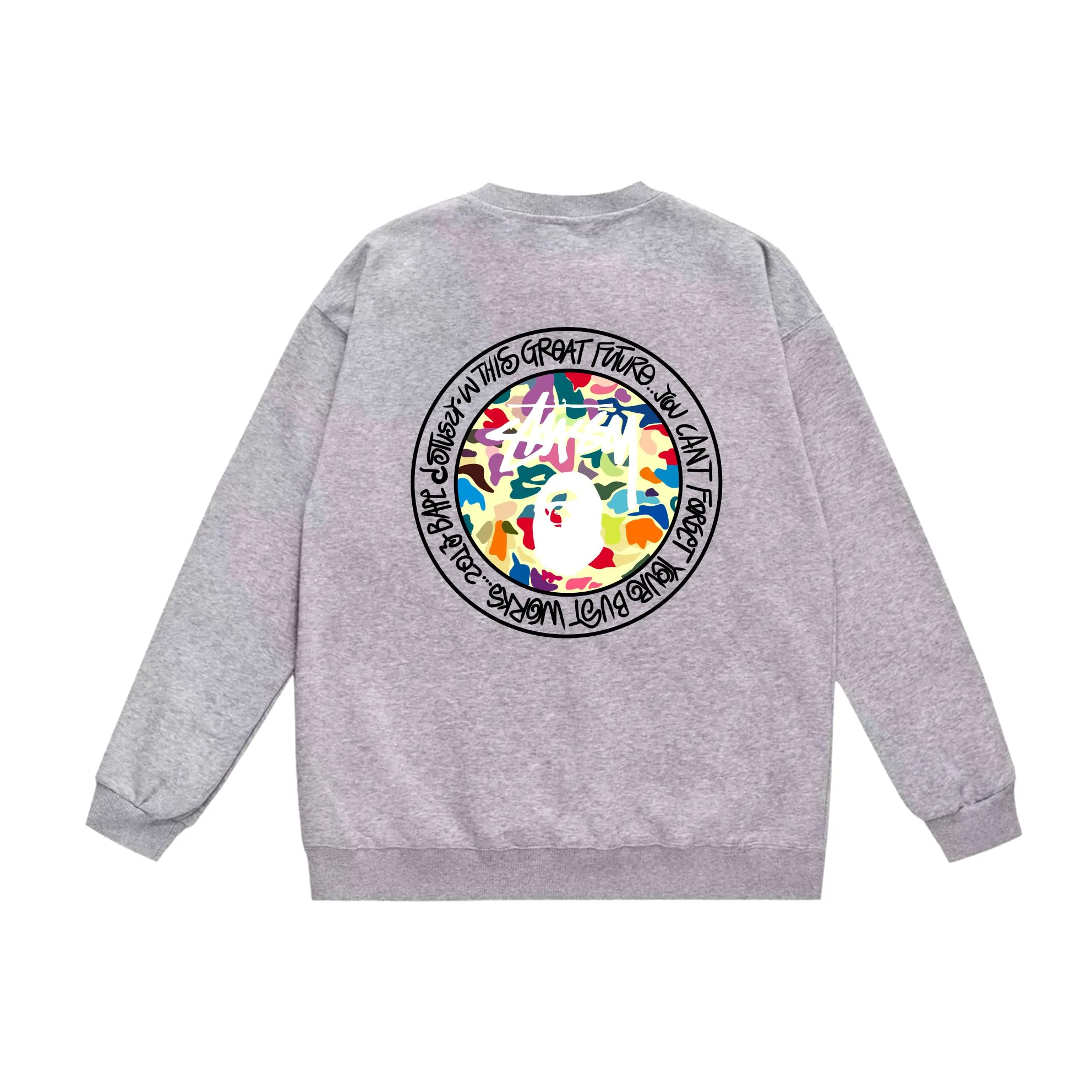 P150 model number SC517# terry 75 plus velvet 80 (top version) BAPE×STUSSY co-branded Stussy letter round neck sweatshirt Made of 350 grams of large terry (drop shoulder large version) fabric, soft texture and no pilling Imported environmentally friendly printing glue The pattern is bright and three-dimensional Quality 💥Same style for men and women The upper body is fashionable Color: black white gray Size: S M L XL XXL