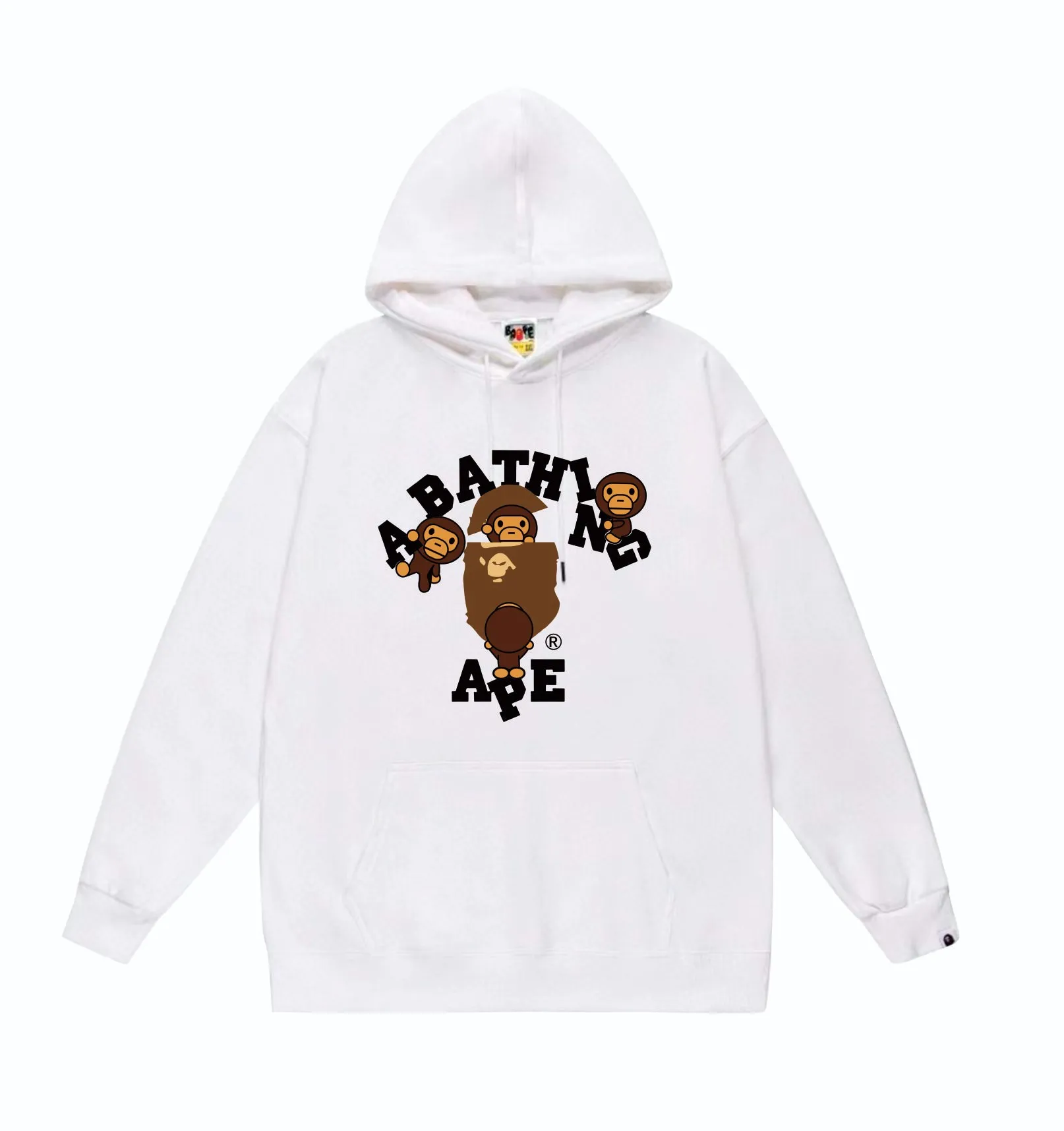P160 model number SC839# terry 80 plus velvet 90 (top version) BAPE cartoon BABY MILO ape head letter printed pattern hooded sweatshirt. Made of 380g large terry (drop shoulder large version) fabric. The texture is soft and non-pilling. Imported environmentally friendly printing glue. The pattern is bright and three-dimensional. Quality 💥Same style for men and women. The upper body is trendy. Color: black white gray Size: S M L XL XXL