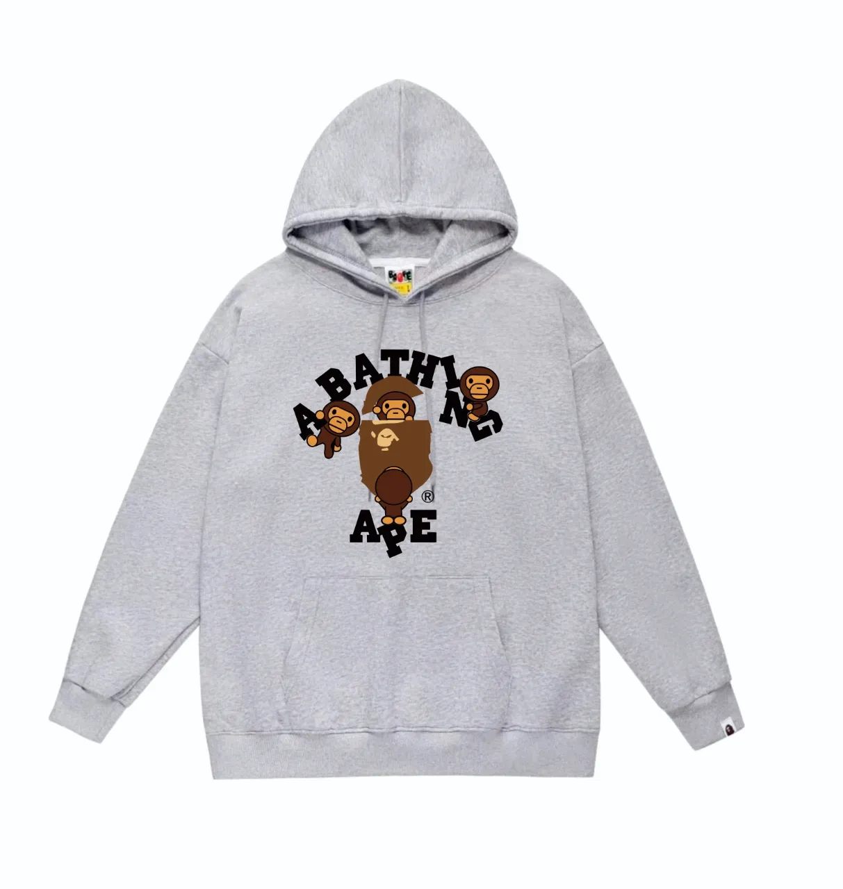 P160 model number SC839# terry 80 plus velvet 90 (top version) BAPE cartoon BABY MILO ape head letter printed pattern hooded sweatshirt. Made of 380g large terry (drop shoulder large version) fabric. The texture is soft and non-pilling. Imported environmentally friendly printing glue. The pattern is bright and three-dimensional. Quality 💥Same style for men and women. The upper body is trendy. Color: black white gray Size: S M L XL XXL