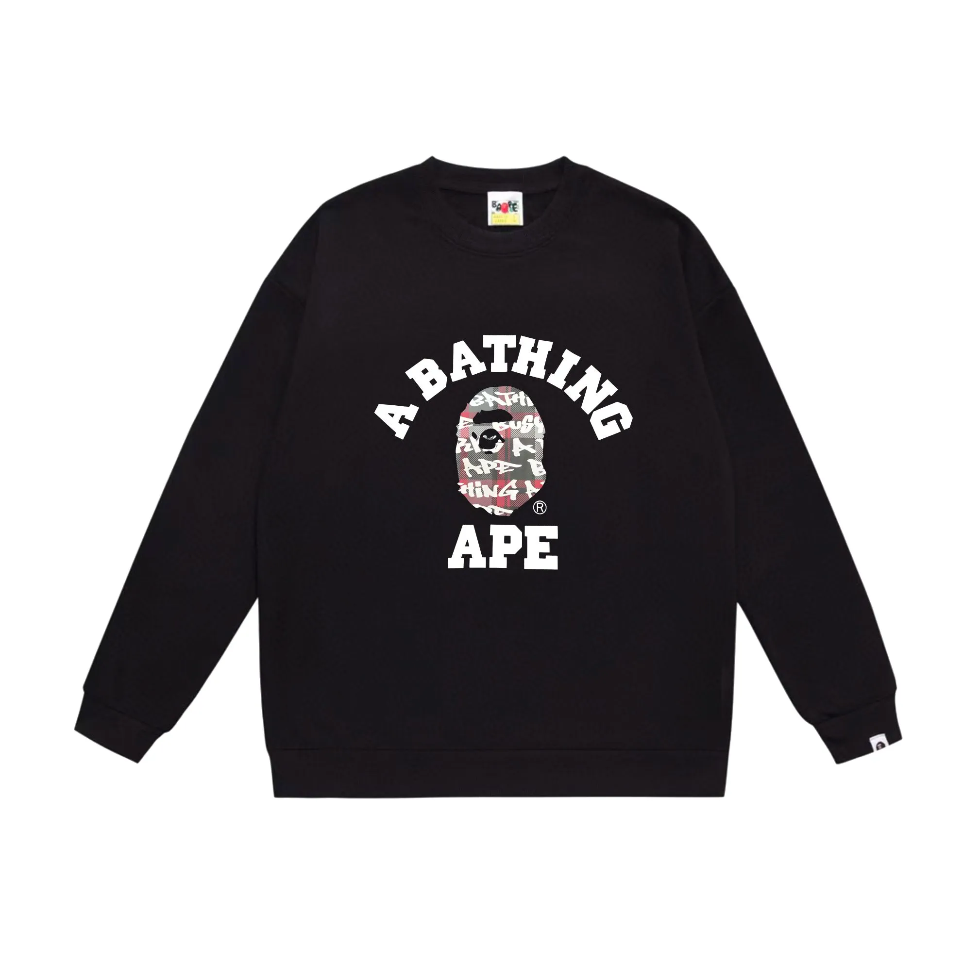 P170 model number SC559# terry 80 plus velvet 85 (top version) BAPE ape head letter print graffiti plaid pattern round neck sweatshirt. Made of 350g large terry (drop shoulder large version) fabric, soft texture and no pilling. Imported environmentally friendly printing glue, bright and three-dimensional pattern. Quality 💥Same style for men and women. The upper body is trendy. Color: black and blue, white and blue, gray and blue, black and red, white and red, gray and red. Size: S M L XL XXL