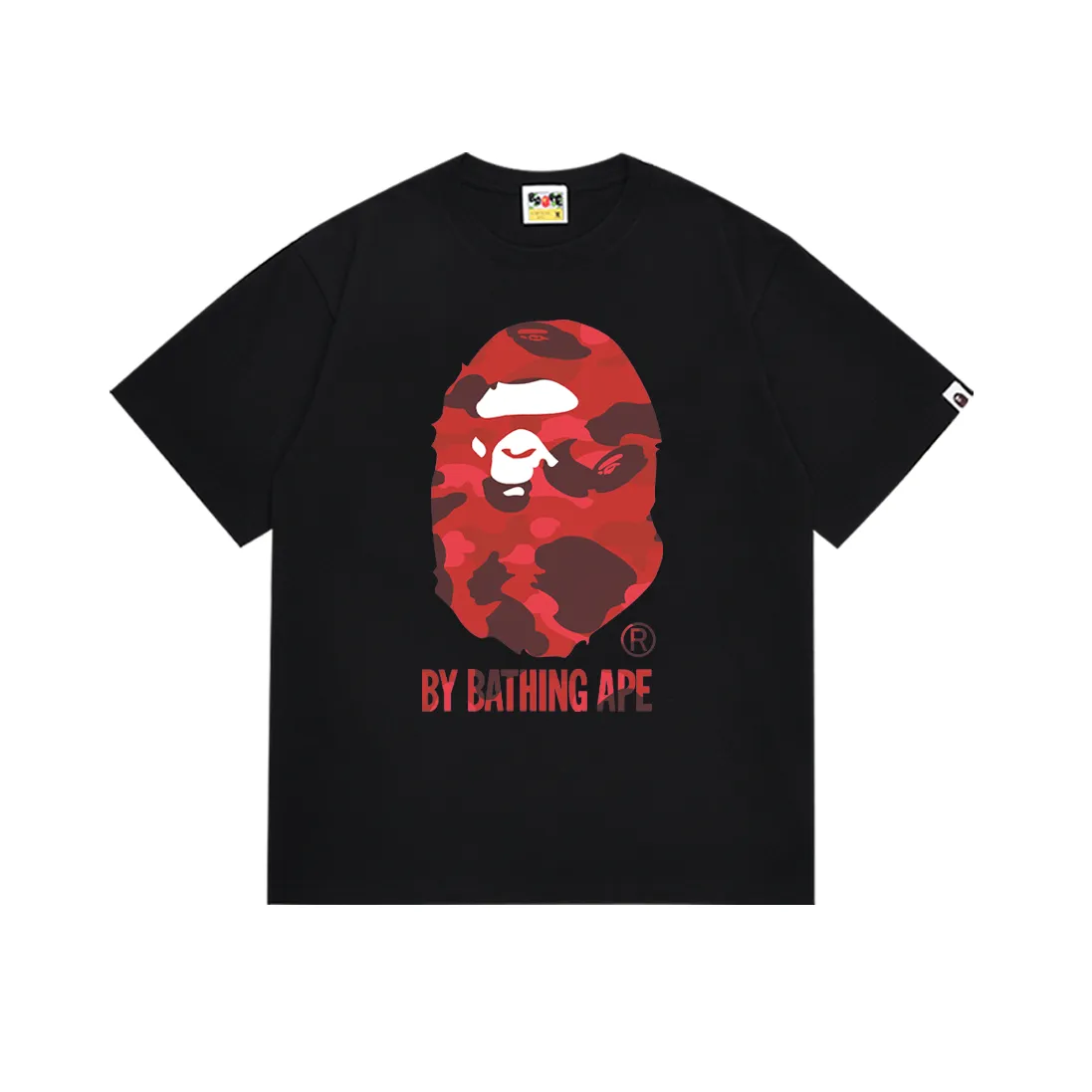 P110 SC045# (top version) BAPE camouflage great ape letter print short-sleeved T-shirt Made of 260 grams of high-quality high-weave pure cotton fabric, double yarn combed, soft texture without pilling, imported environmentally friendly printing glue, bright and three-dimensional pattern, quality 💥Same style for men and women, the upper body is fashionable Color: black red white red Size: S M L XL XXL