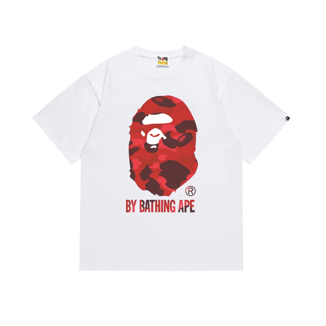 P110 SC045# (top version) BAPE camouflage great ape letter print short-sleeved T-shirt Made of 260 grams of high-quality high-weave pure cotton fabric, double yarn combed, soft texture without pilling, imported environmentally friendly printing glue, bright and three-dimensional pattern, quality 💥Same style for men and women, the upper body is fashionable Color: black red white red Size: S M L XL XXL