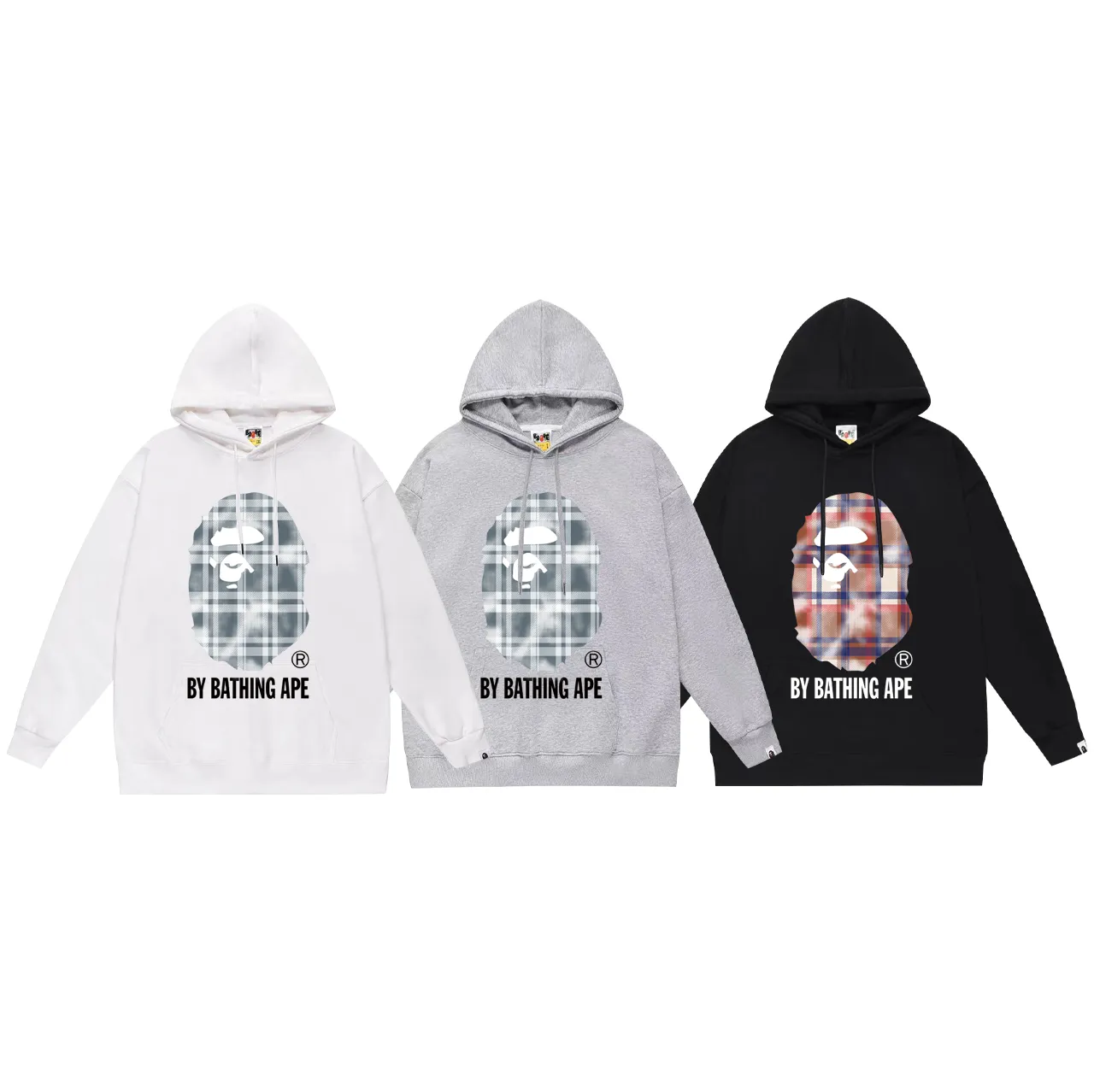 P160 model number SC791# terry 80 plus velvet 90 (top version) BAPE bleached plaid ape head letter pattern printed hooded sweatshirt Made of 380g large terry (drop shoulder large version) fabric, soft texture and no pilling Imported environmentally friendly printing glue The pattern is bright and three-dimensional Quality 💥Same style for men and women The upper body is trendy Color: black white gray Size: S M L XL XXL