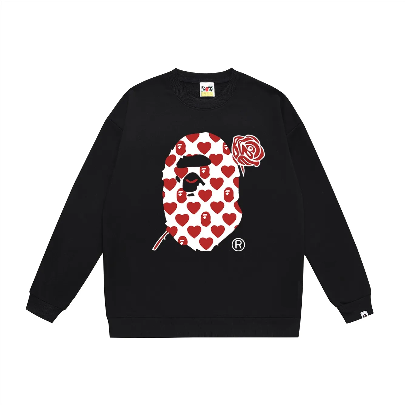 P150 model number SC449# terry 75 plus velvet 80 (top version) BAPE red rose ape head love letter pattern round neck sweatshirt Made of 350 grams of large terry (drop shoulder large version) fabric, soft texture and no pilling Imported environmentally friendly printing glue The pattern is bright and three-dimensional Quality 💥Same style for men and women The upper body is trendy Color: black white gray Size: S M L XL XXL