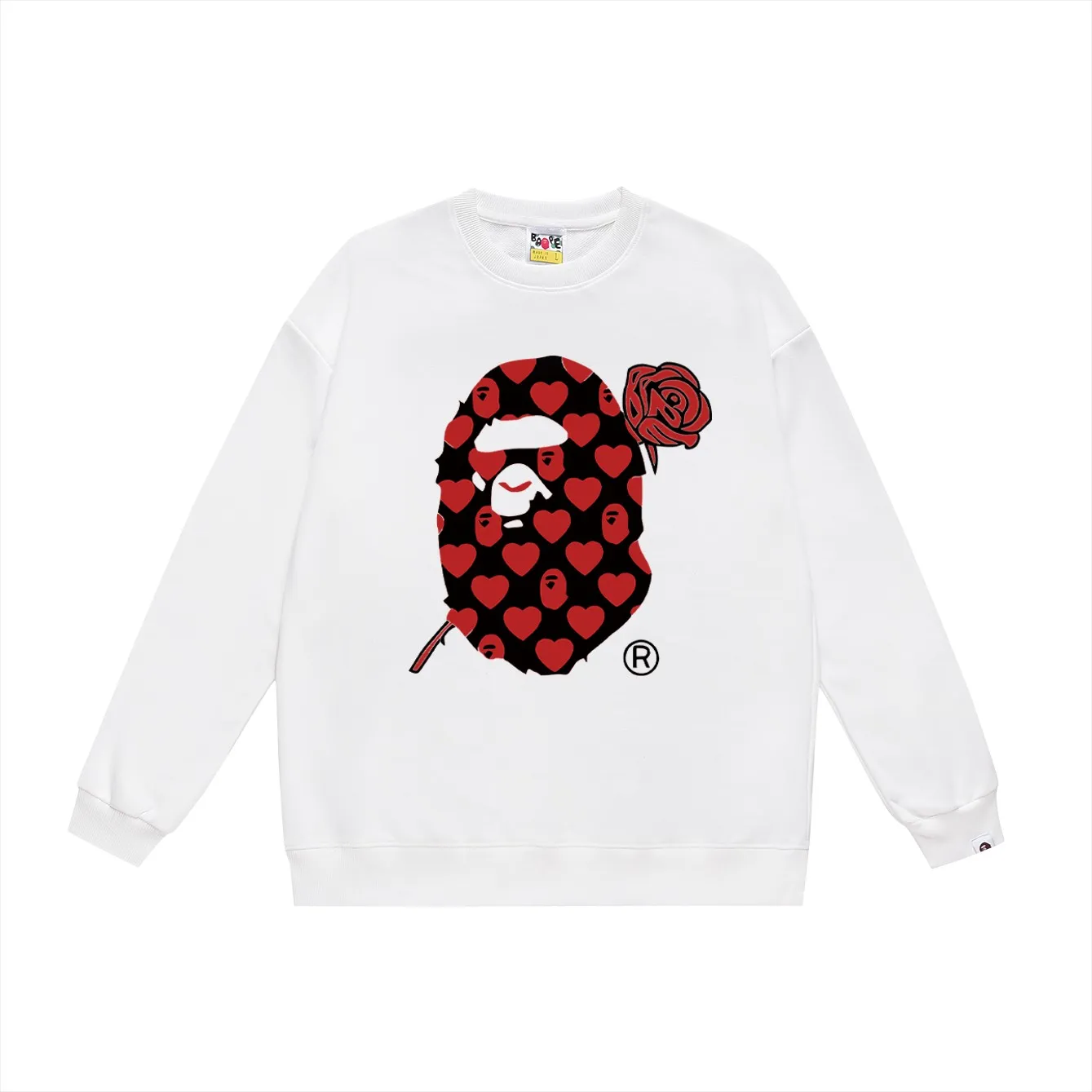 P150 model number SC449# terry 75 plus velvet 80 (top version) BAPE red rose ape head love letter pattern round neck sweatshirt Made of 350 grams of large terry (drop shoulder large version) fabric, soft texture and no pilling Imported environmentally friendly printing glue The pattern is bright and three-dimensional Quality 💥Same style for men and women The upper body is trendy Color: black white gray Size: S M L XL XXL