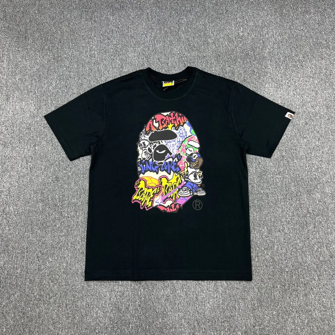 💰140 Bape color letter graffiti ape head print, linen cotton 280g, customized fabric, couple model: S—XXL [black white]