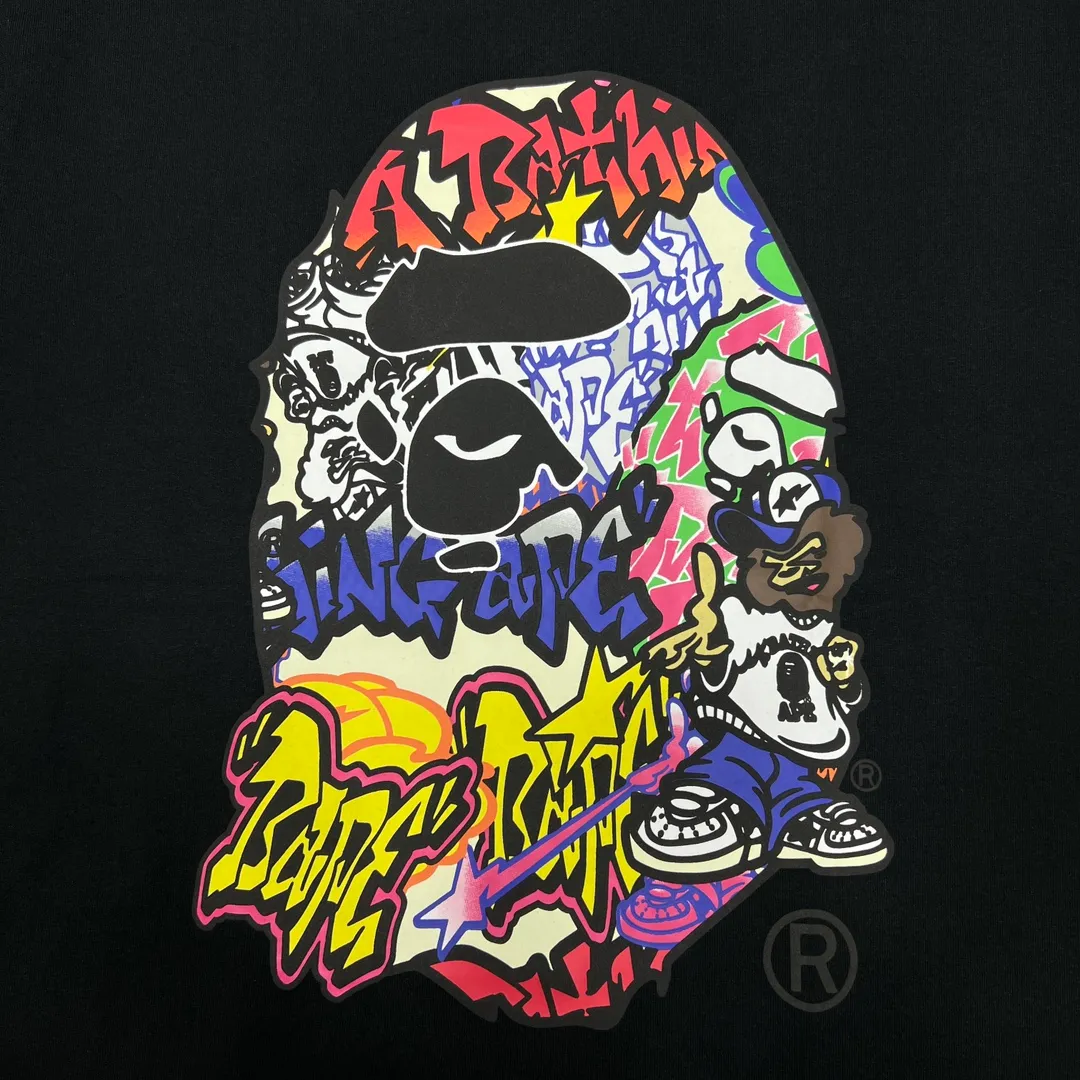 💰140 Bape color letter graffiti ape head print, linen cotton 280g, customized fabric, couple model: S—XXL [black white]