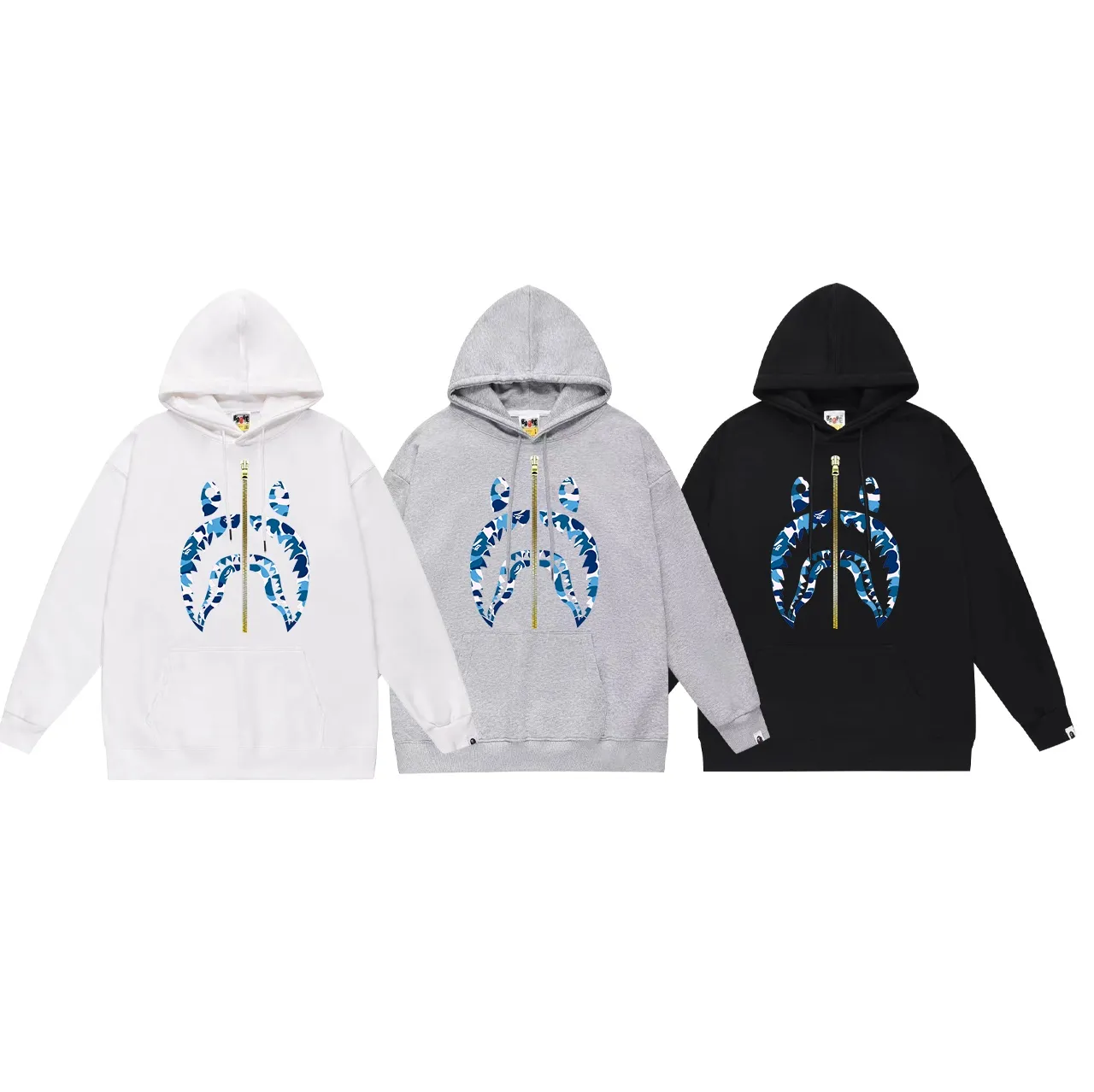 Model number SC689#terry p160 plus velvet p180💰 (top version) BAPE camouflage shark zipper printed hooded sweatshirt Made of 380g large terry 430g silver fox velvet (drop shoulder large version) fabric, soft and non-pilling, imported environmentally friendly printing glue, bright and three-dimensional pattern, quality 💥Same style for men and women, the upper body is trendy. Color: black and red, white and red, gray and red, black and green, white and green, gray and green. Black and blue, white and blue, gray and blue Size: S M L XL XXL