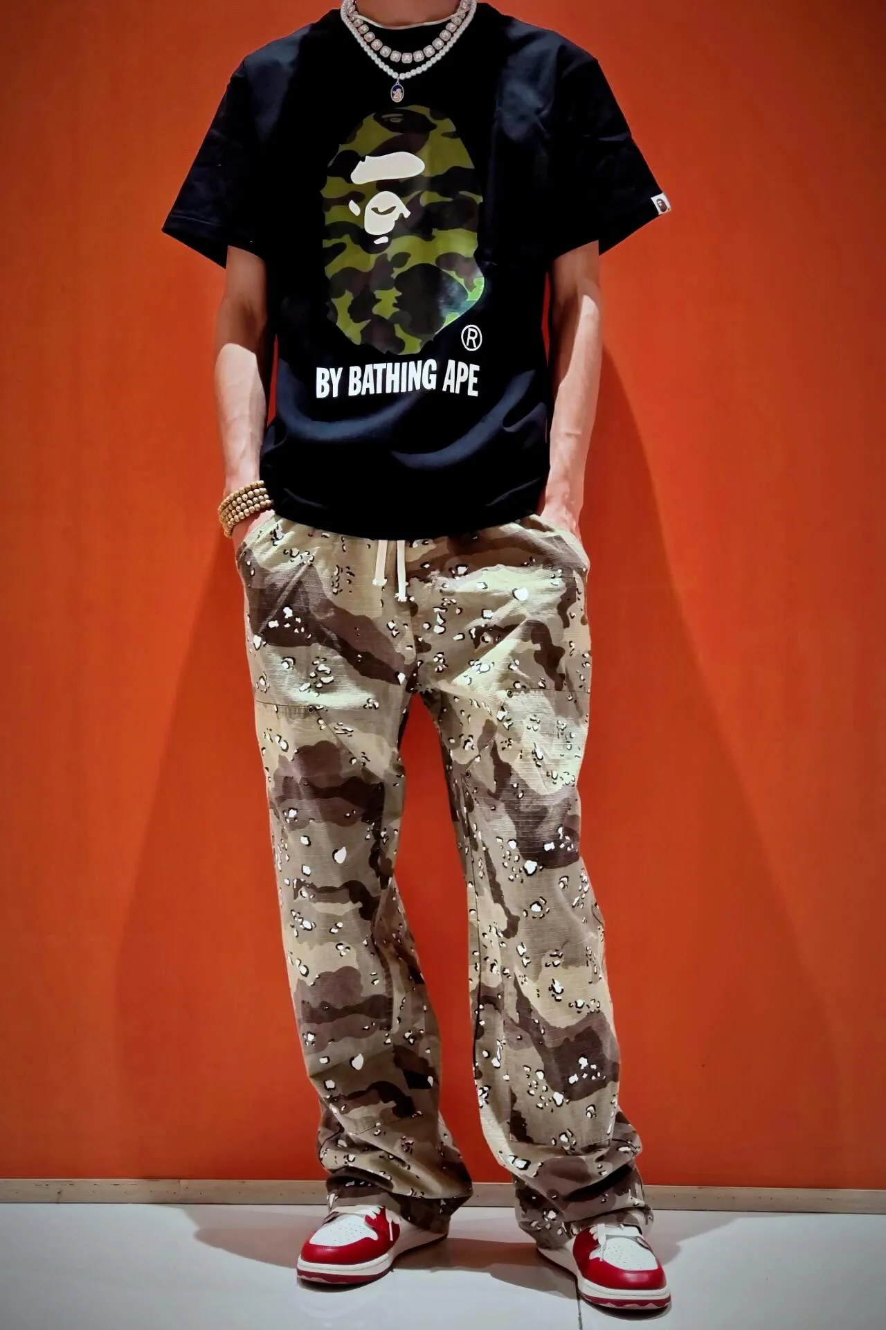 💰140 BAPE classic great ape print camouflage work ZP version 280g weight linen cotton fabric Couple style: S-XXL [black green white green black yellow white yellow]
