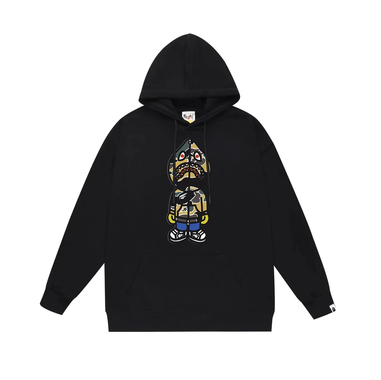 Model No. SC638#terry p160 plus velvet p180💰 (top version) BAPE ape-man head colorful shark print hooded sweatshirt. Made of 380g large terry 430g silver fox velvet (drop shoulder large version) fabric. The texture is soft and non-pilling. Imported environmentally friendly printing glue. The pattern is bright and three-dimensional. Quality💥Same style for men and women. The upper body is trendy. Color: black white gray Size: S M L XL XXL