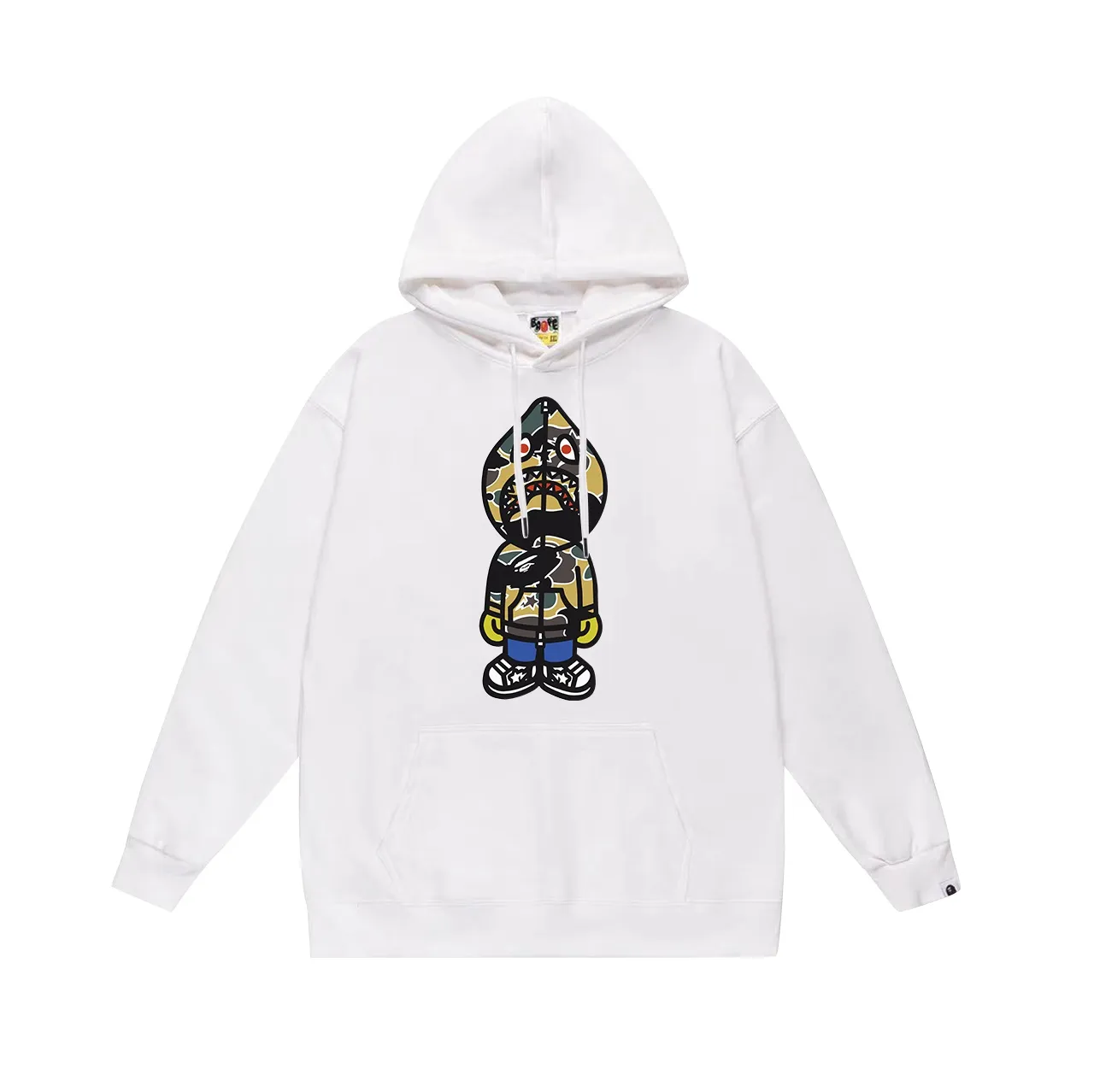 Model No. SC638#terry p160 plus velvet p180💰 (top version) BAPE ape-man head colorful shark print hooded sweatshirt. Made of 380g large terry 430g silver fox velvet (drop shoulder large version) fabric. The texture is soft and non-pilling. Imported environmentally friendly printing glue. The pattern is bright and three-dimensional. Quality💥Same style for men and women. The upper body is trendy. Color: black white gray Size: S M L XL XXL