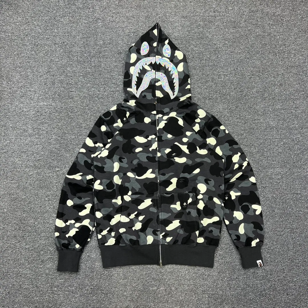 💰410 BAPE CITY CAMO SHARK HOODIE Glow-in-the-dark camouflage laser shark hooded zipper sweatshirt Machine-printed camouflage Top-quality fabric High-end 1:1 replica Customized fabric Couple style: S—XXL [Silver Gray Black]