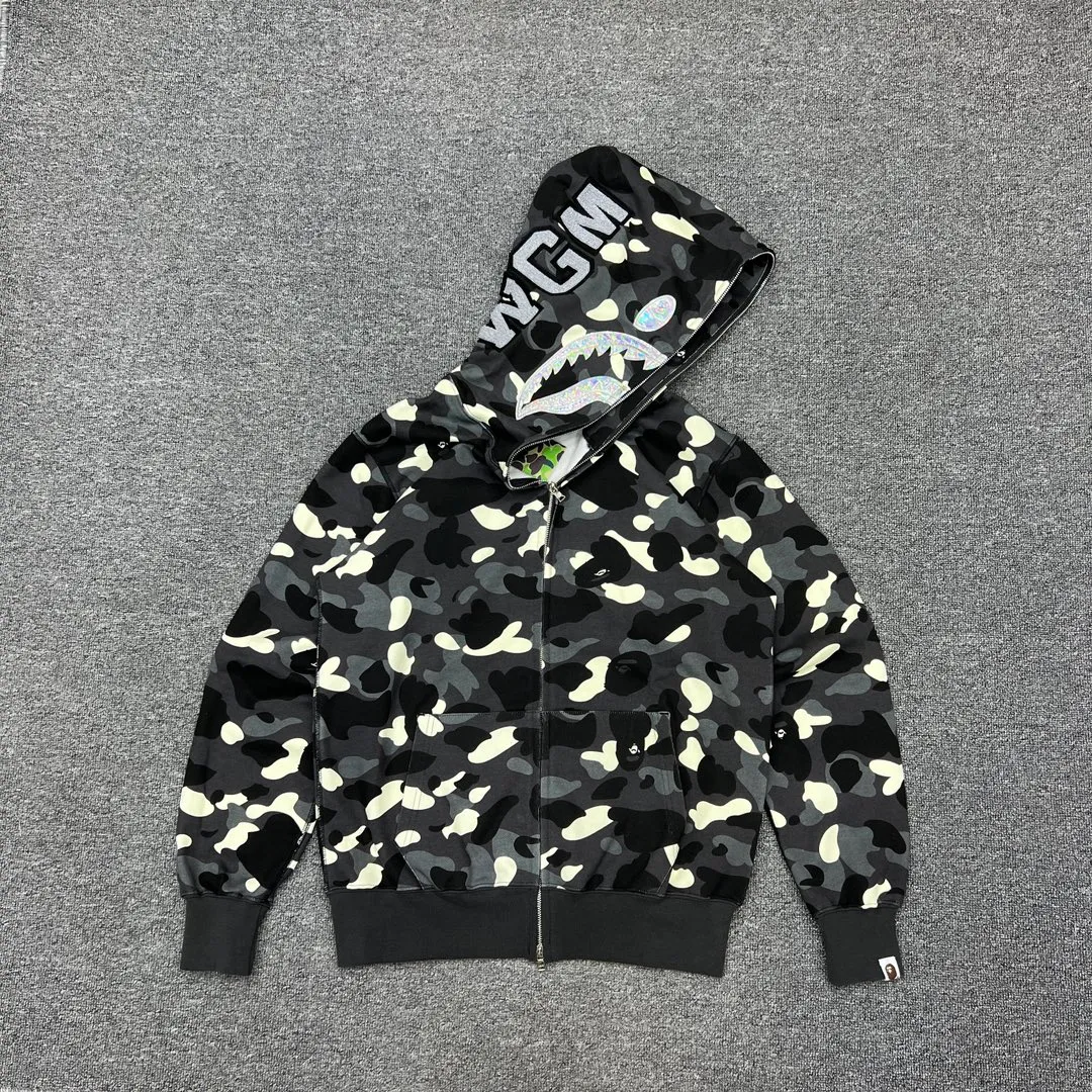 💰410 BAPE CITY CAMO SHARK HOODIE Glow-in-the-dark camouflage laser shark hooded zipper sweatshirt Machine-printed camouflage Top-quality fabric High-end 1:1 replica Customized fabric Couple style: S—XXL [Silver Gray Black]