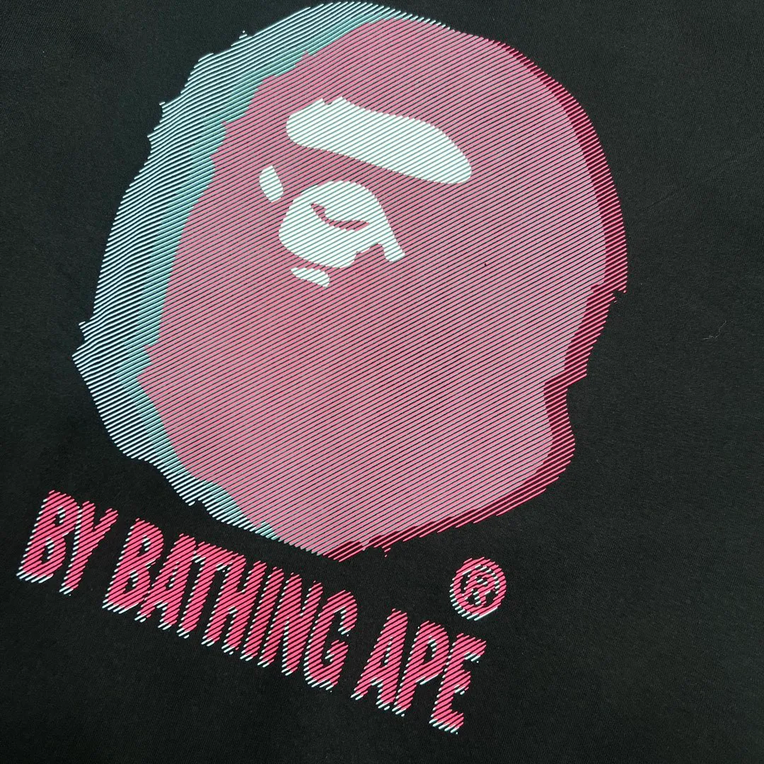 💰140 BAPE GLITCH ART COLLEGE TEE Faulty phantom art laminated great ape head print 280g weight linen cotton fabric ZP version Couple style: S—XXL [Black White]