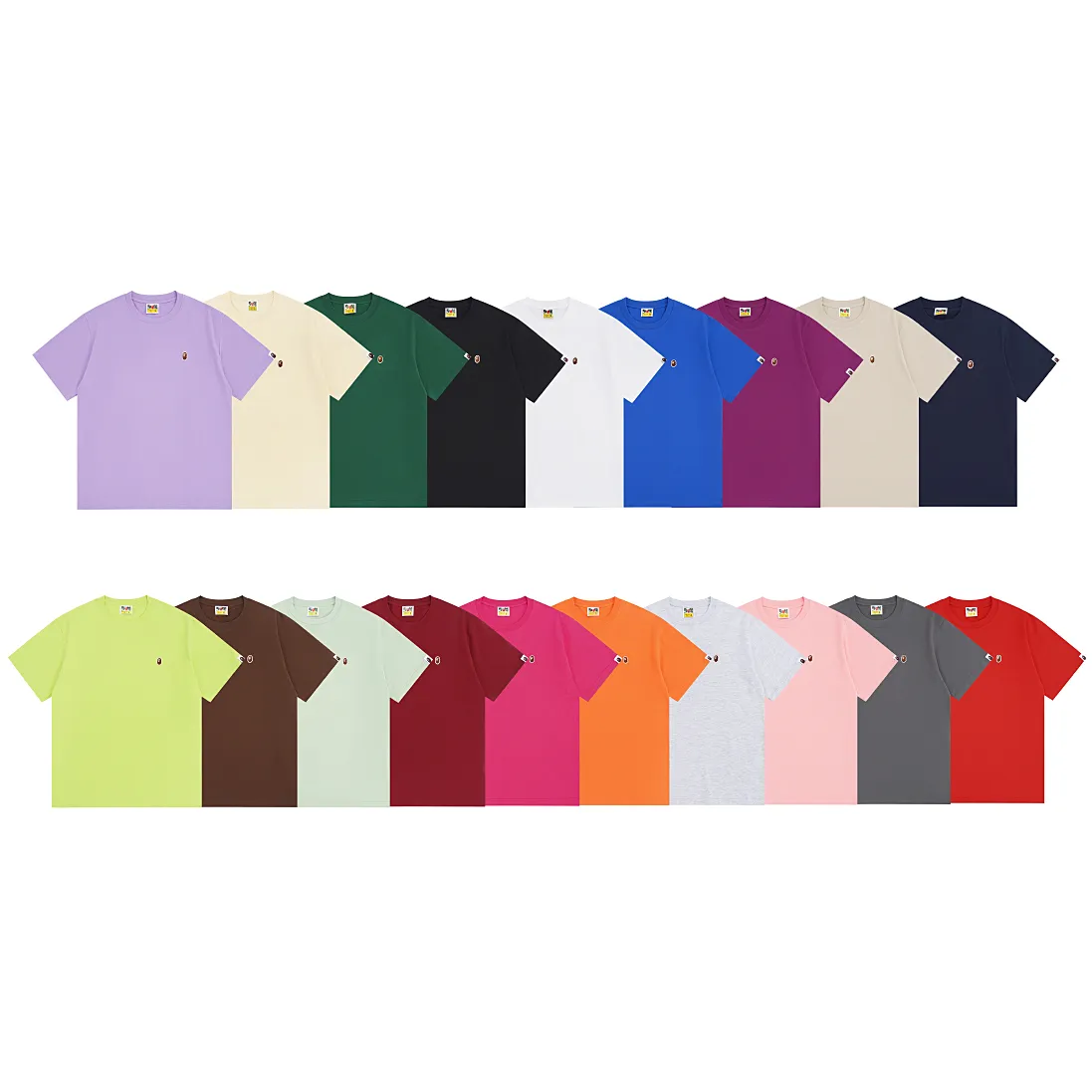 Style number: SC short sleeves-10000#p110💰 BAPE classic embroidered ape badge small label Color: apricot grass green khaki dark gray orange bright red fluorescent green pink purple white floral gray Size: S M L XL XXL Weight: 260 grams of pure cotton