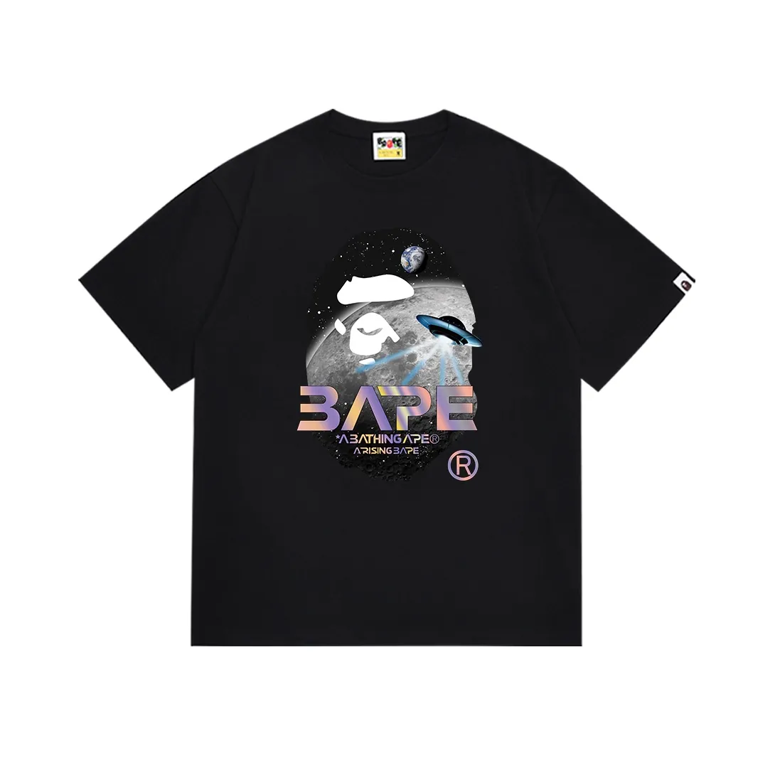 SC158#p110💰 (Top version) BAPE Mid-Autumn Moon Scenery Ape Head UFO laser letter printed short-sleeved T-shirt Made of 260 grams of high-quality high-weave pure cotton fabric, double yarn combed, soft texture and no pilling Imported environmentally friendly printing glue The pattern is bright and three-dimensional Quality💥Same style for men and women The upper body is trendy Color: Black White Size: S M L XL XXL