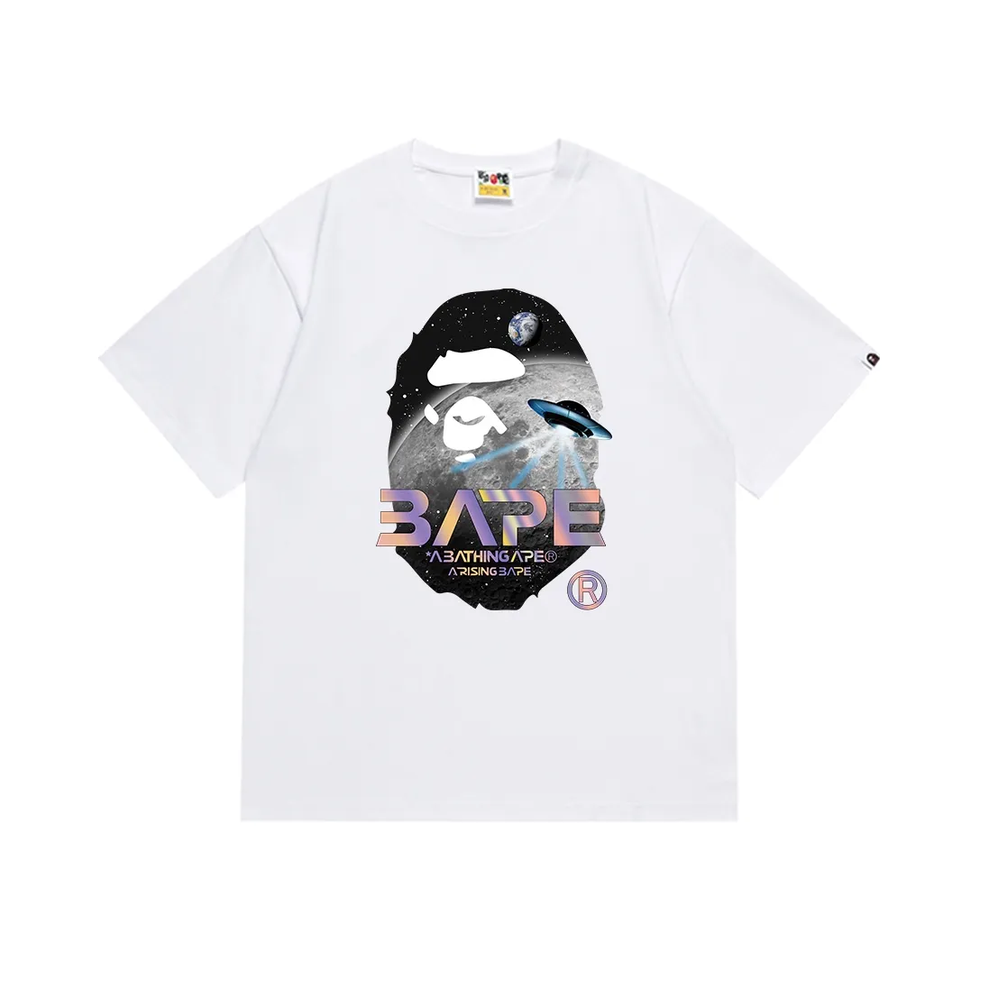 SC158#p110💰 (Top version) BAPE Mid-Autumn Moon Scenery Ape Head UFO laser letter printed short-sleeved T-shirt Made of 260 grams of high-quality high-weave pure cotton fabric, double yarn combed, soft texture and no pilling Imported environmentally friendly printing glue The pattern is bright and three-dimensional Quality💥Same style for men and women The upper body is trendy Color: Black White Size: S M L XL XXL